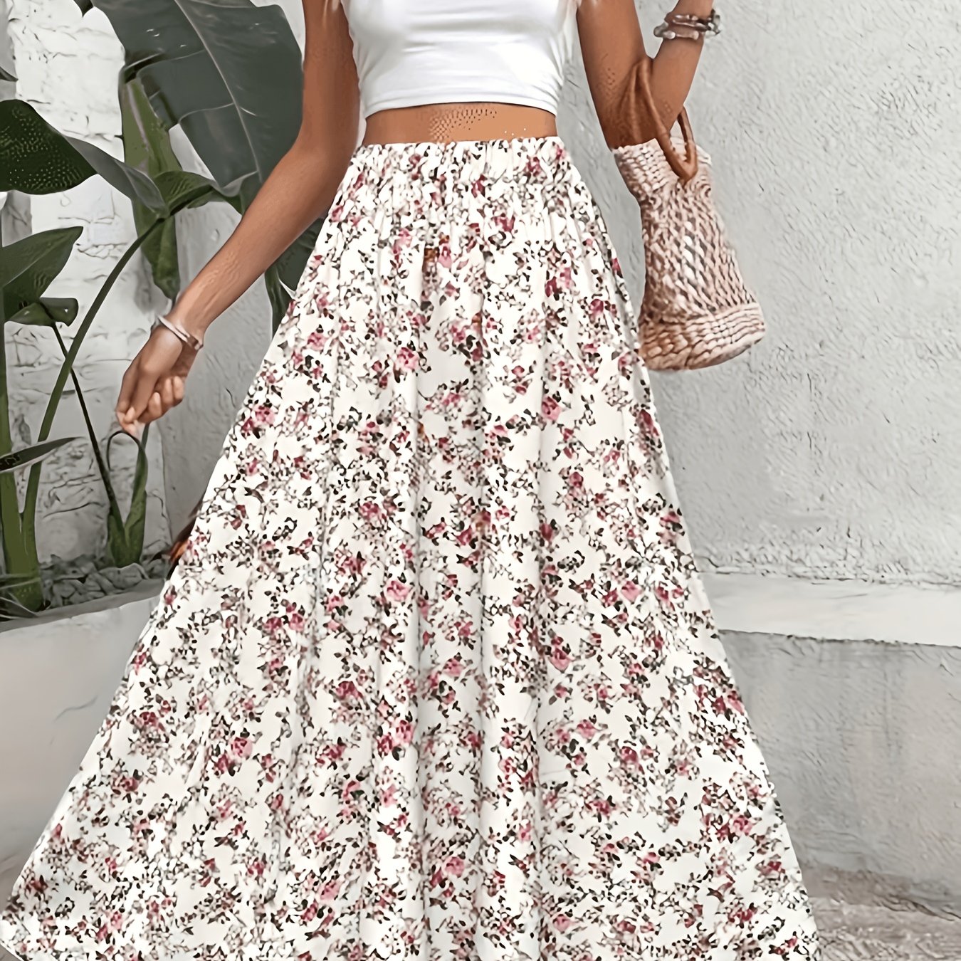 TEMU Elastic Waist Fashion Print Long A-line Casual Versatile Midi Skirt