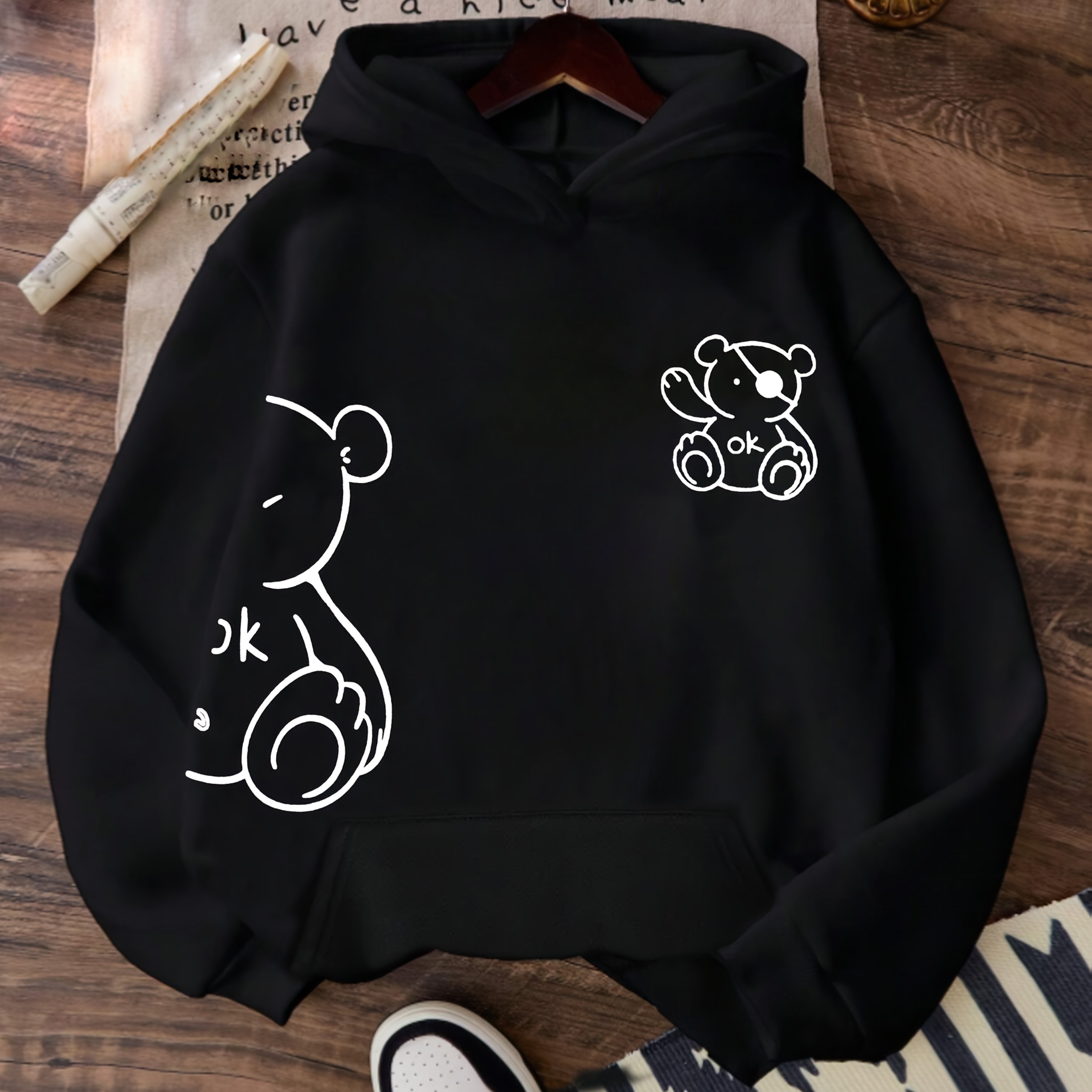 TEMU 1pc Women's Casual Polyester Hoodie With Cute Bear And Drawing Patterns, Animal Print, Knit Fabric, Hooded Collar, Drawstring, Kangaroo Pocket,