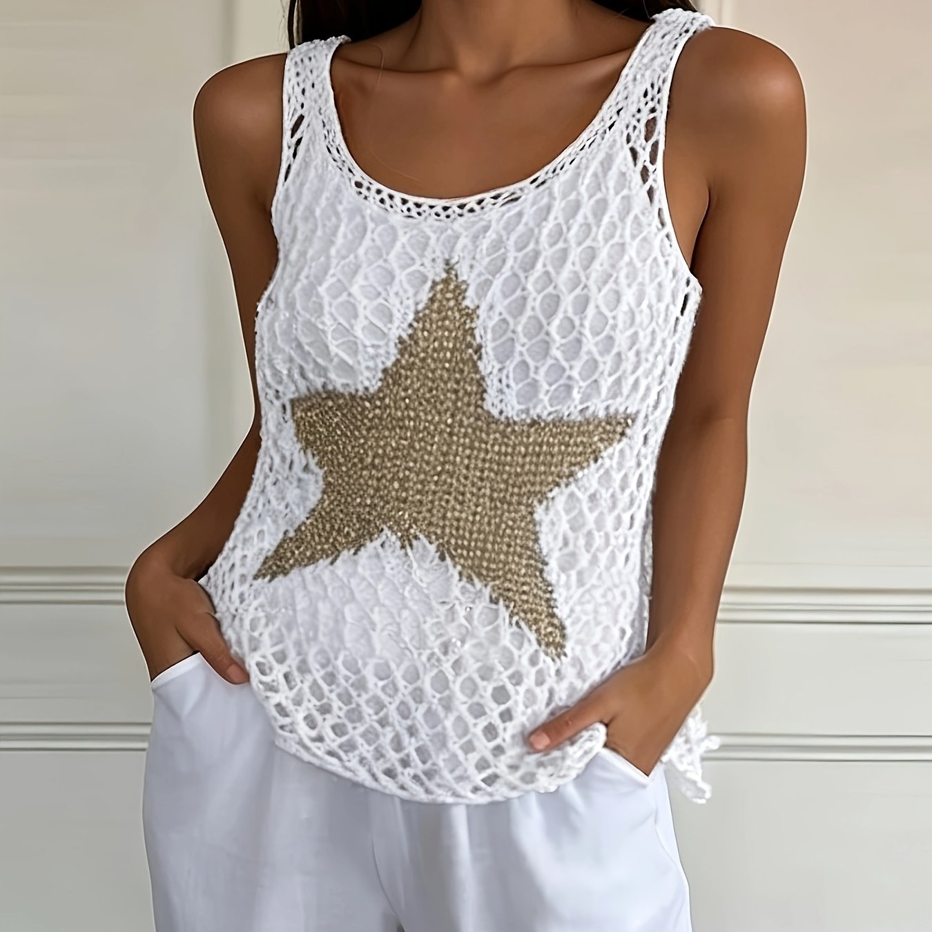 Directional Development Hollow Hook Flower Needle Sweater Women's Sleeveless Casual Vest Star Pattern Vest