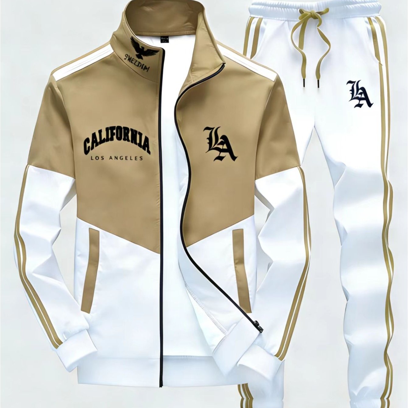 Image of Teenager 2pcs Khaki Golden Side Stripes California La Letter Tracksuit Set, Zip Stand Collar Jacket And Drawstring Elastic Waist Sweatpants, Casual Athletic Jogging Outfit, For Outdoor, For Teenager