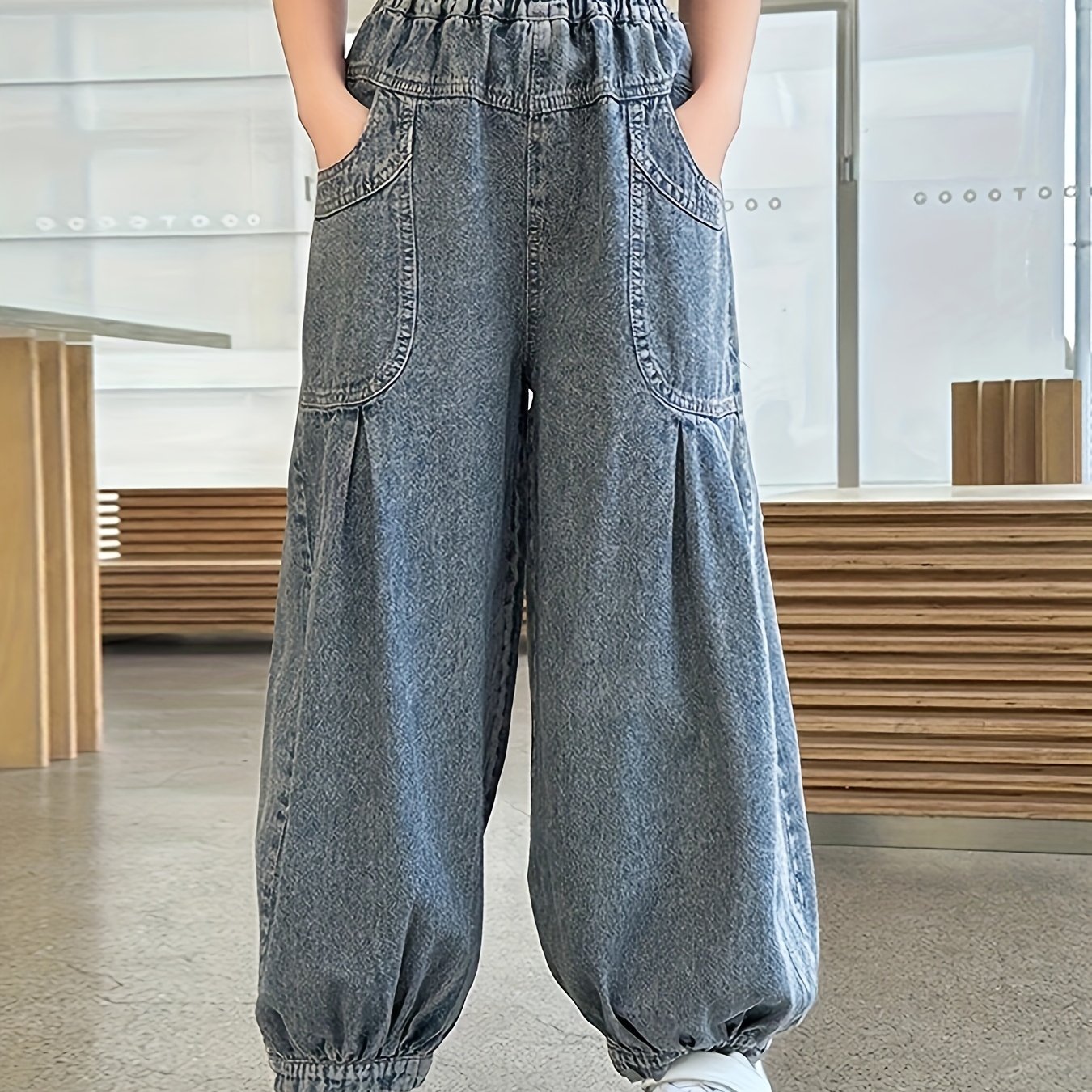 Image of Girls' Summer New Jeans Schoolgirls' Casual Elastic Waist Fashion Sports Thin Jeans Girls Wear Loose Summer Denim Trousers
