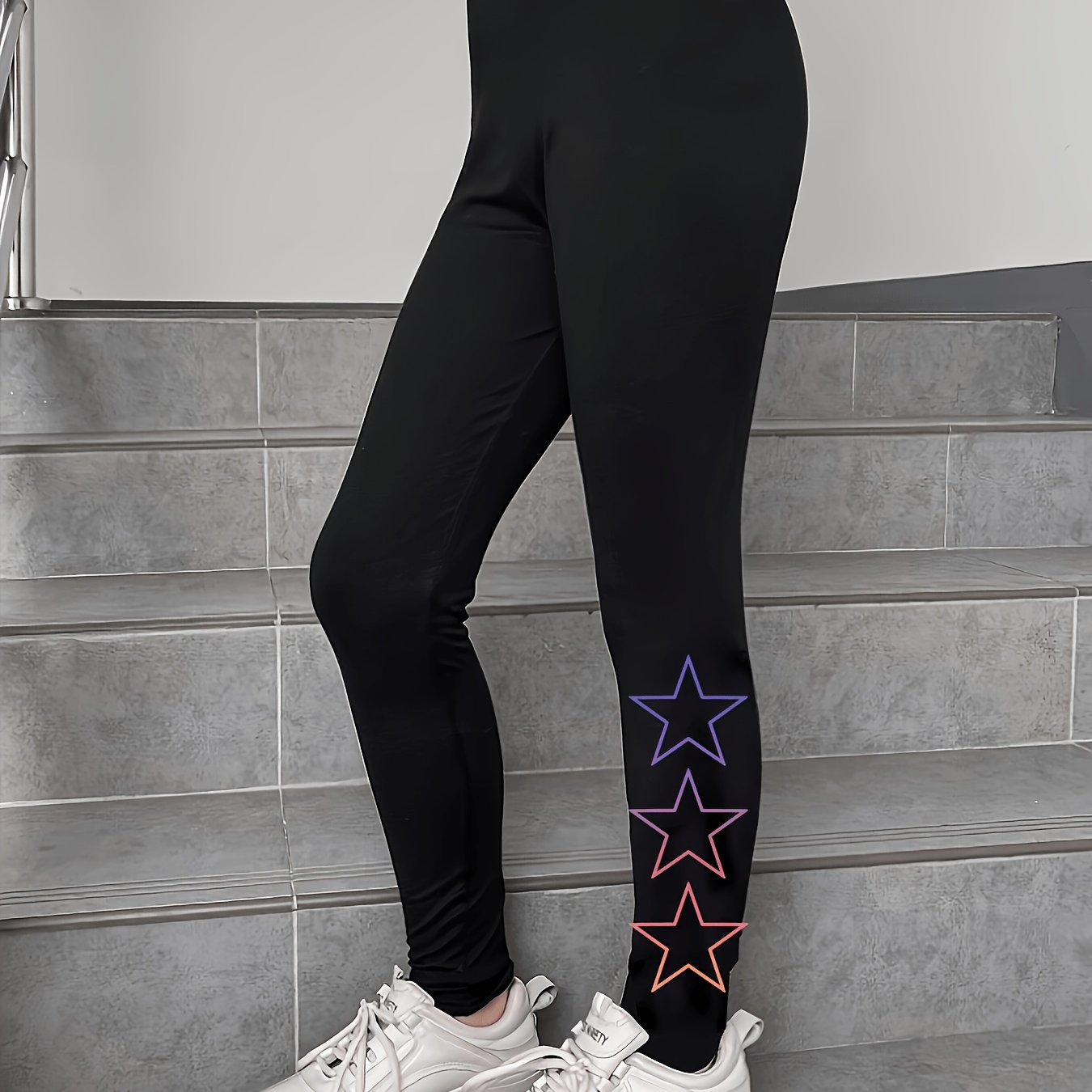 TEMU Star Pattern Print High-waisted Leggings, Casual Stretchy Tights