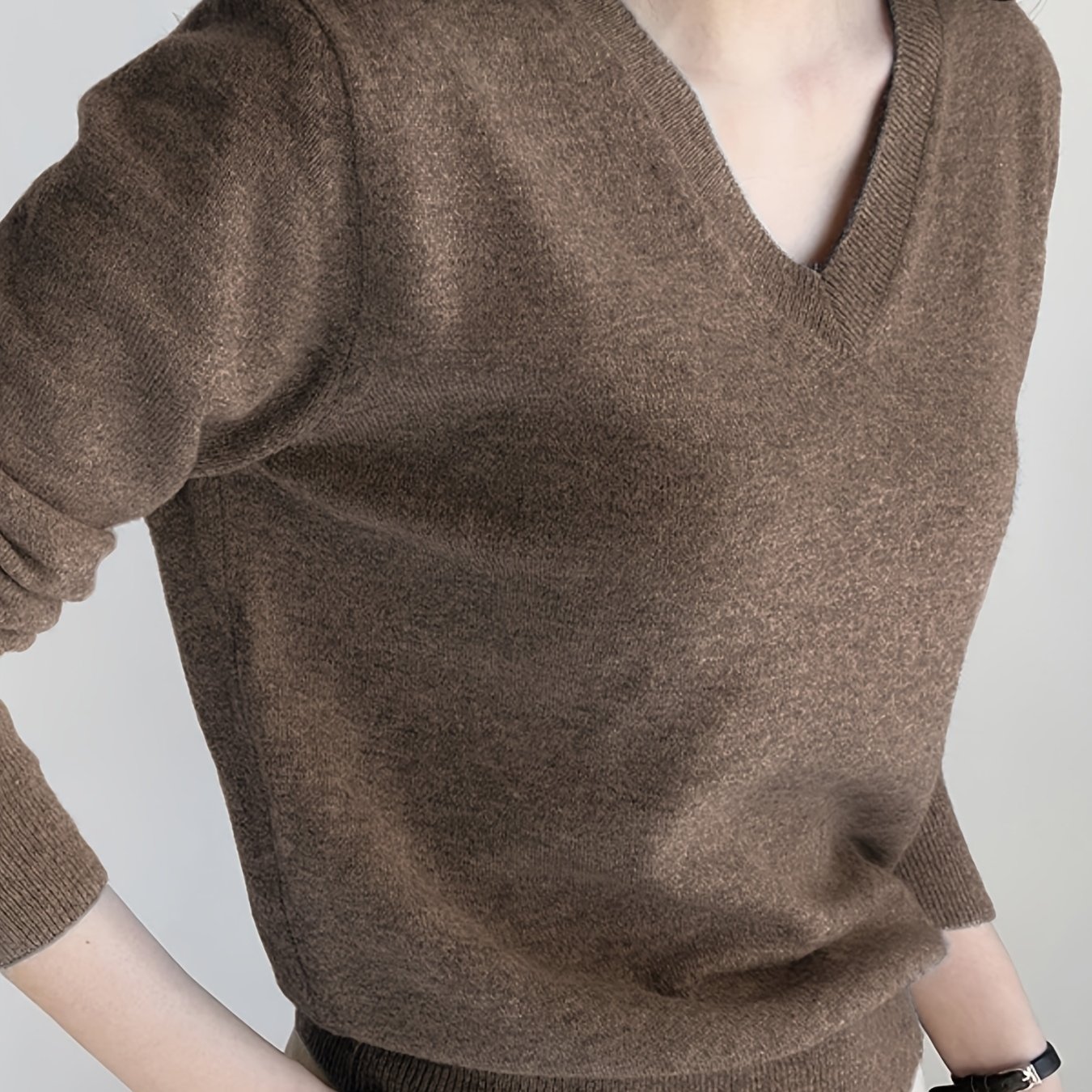 TEMU Women' V-neck Long- Sweater Base Layer - Solid Color Ribbed Collar -compatible Top | Non- Suitable For Layering, - Office Wear & Base Layering,
