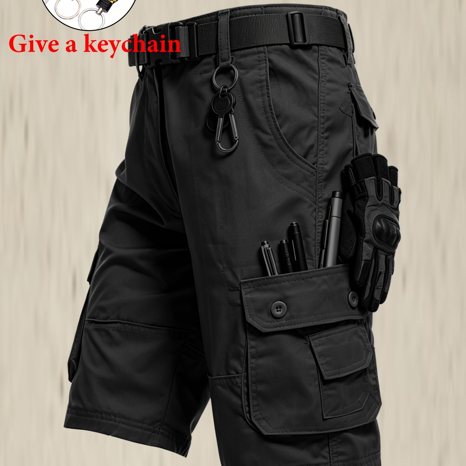 Image of Plus-size Men's Workwear Outdoor Shorts, Comfortable And Breathable Multi- Shorts For Outdoor Activities, Solid Color Shorts Suitable For Hiking And Fishing ( With A Keychain), Plus Size