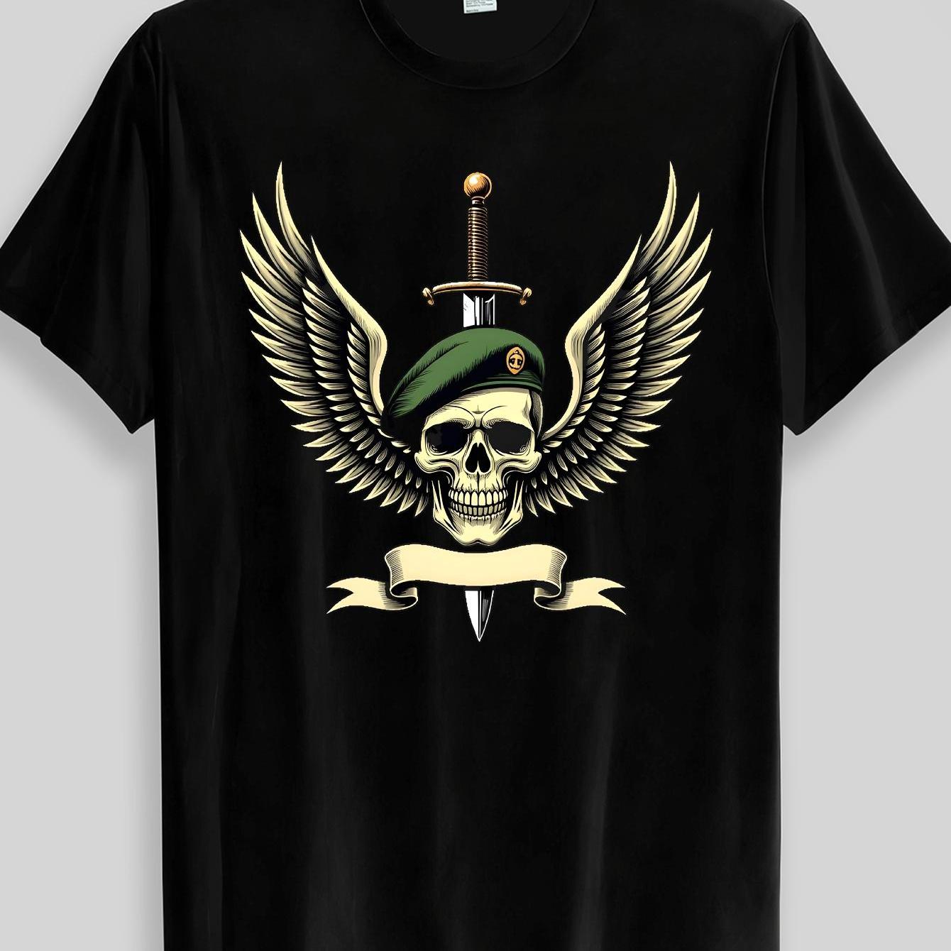 TEMU Skull Beret With Sword Wings, Military-style Dark Badge Men's T-shirt As A Gift