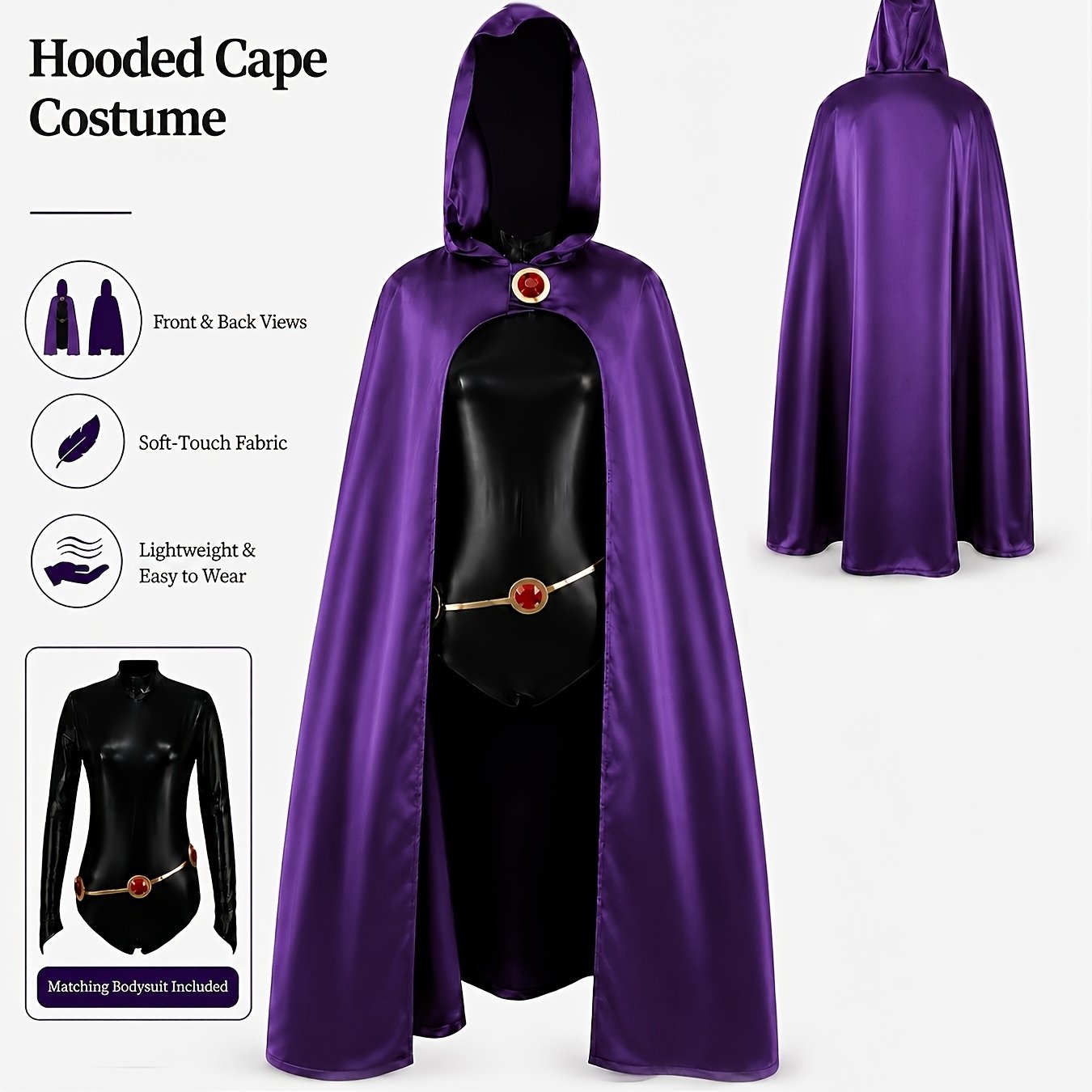 TEMU Combinaison Noire avec Cape et Capuche Violet Cosplay Halloween Costume Mystérieux