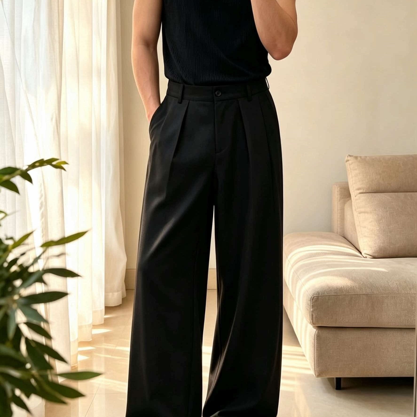 TEMU Old Money Outfits Men's High-waist Pleated Wide-leg Dress Trousers, Drapey Loose Floor-length Pants, Business Casual All-match Black Dress Pants
