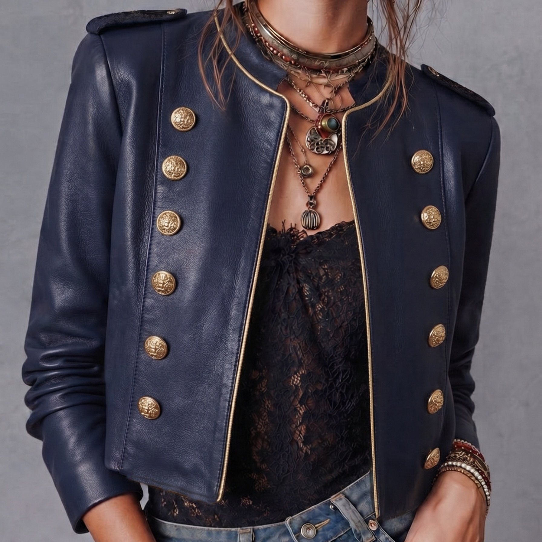 TEMU Vintage Women's Jacket, Retro-style Double-breasted Golden-trimmed Button Slim-fit Short Motorcycle Jacket, Court-style Napoleon Knight