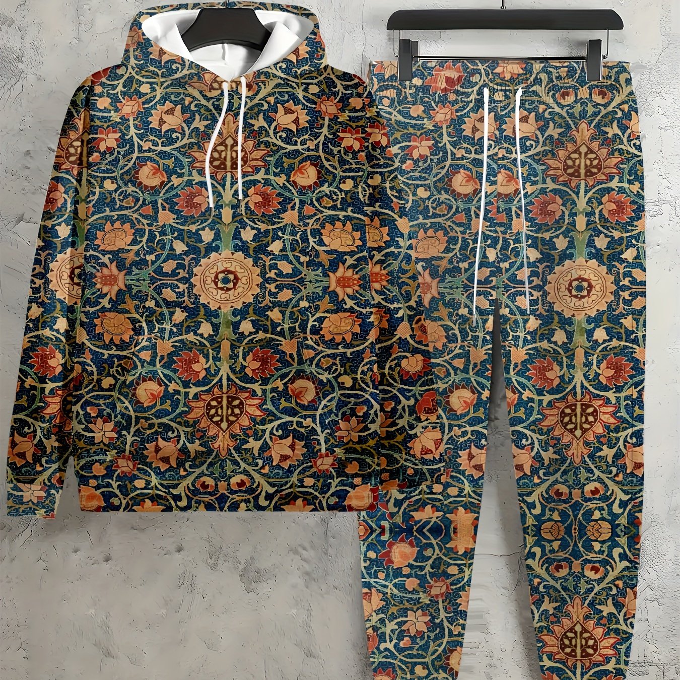 TEMU Plus Size, Women's Plus Size Vintage Floral Print Long Sleeve 2pcs Set, Casual Fashion Hooded Long Sleeve, Exquisite Elegant Comfortable Autumn