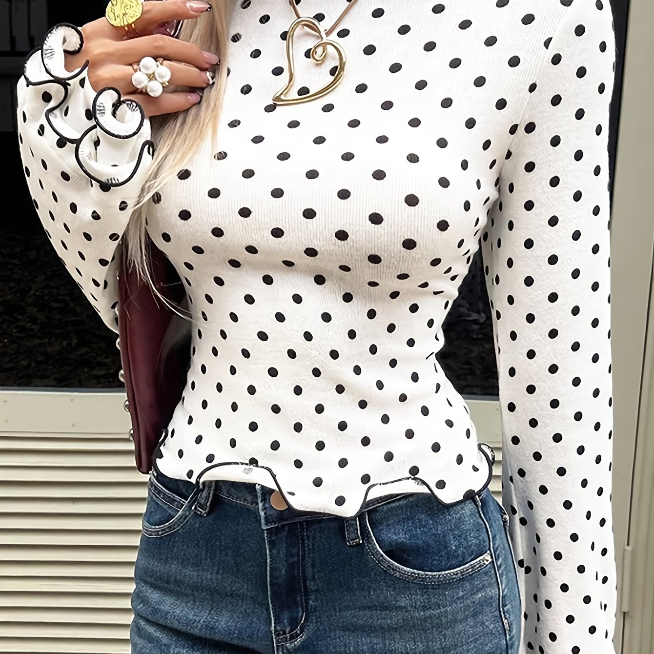 TEMU Women's Autumn Winter Polka Dot Printed Round Neck Long Sleeve Top, Suitable For Commuting, Casual Wear, Travel, Shopping, Parties