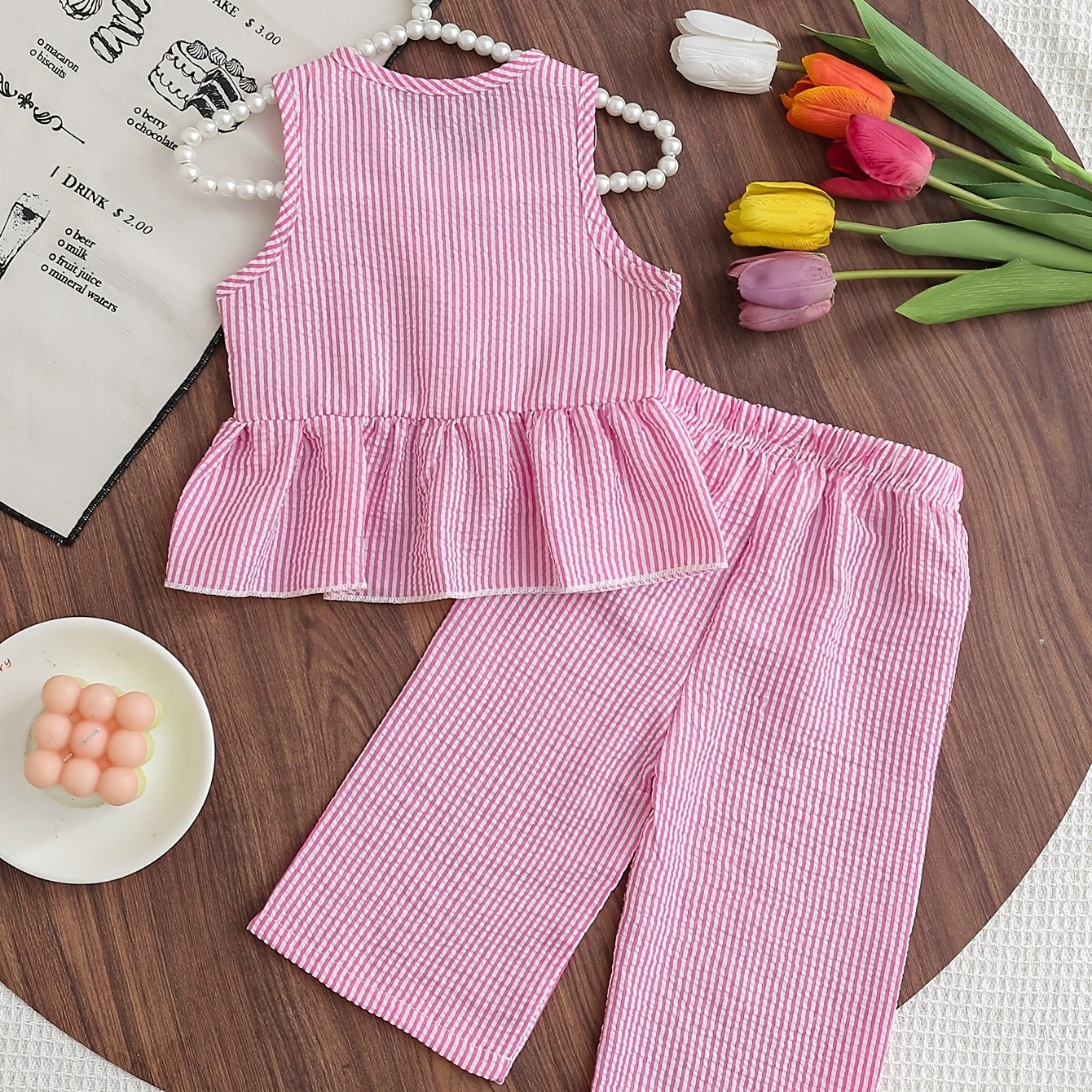 Image of Pants Set, Striped Puff Texture, Back Bow Hollow Sleeveless Vest Top And Straight Long Pants 2pcs Outfit, Suitable For Girls' Daily Outing Casual Sweet Clothing, For Outdoor, Christmas, Halloween