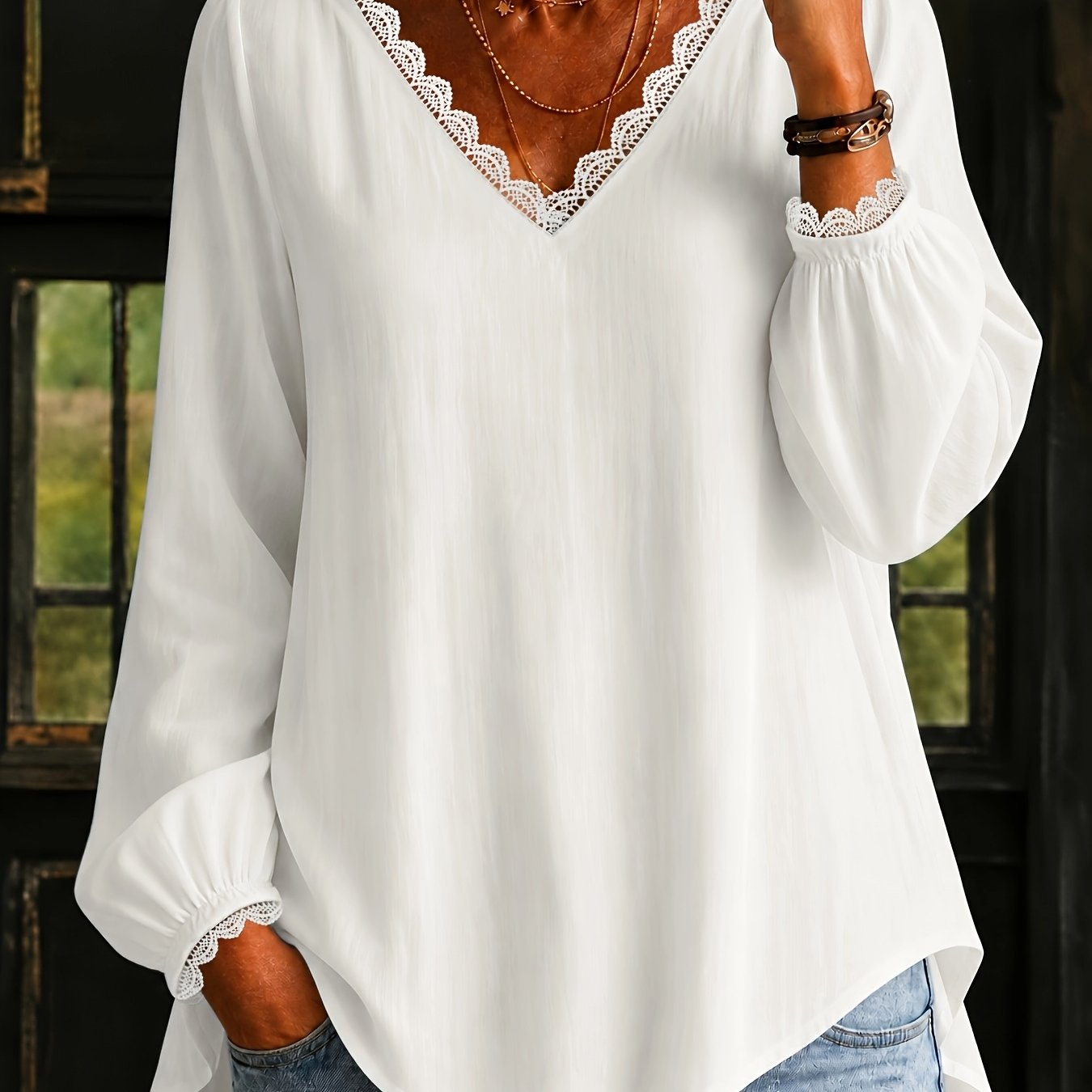 TEMU Plus Size, Elegant V-neck Long-sleeve Solid Color Versatile Plus-size Women's Shirt