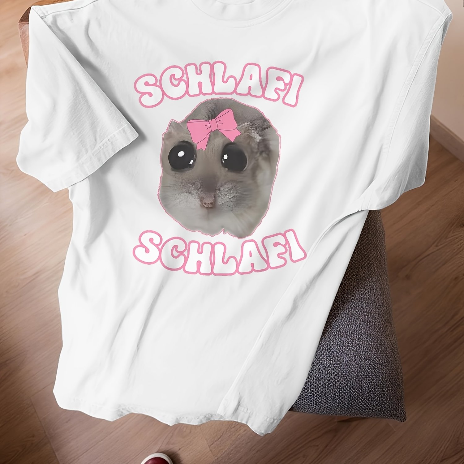 Image of Women's Funny Hamster Meme T-shirt - Cute Hamstie Hamster Graphic With Pink Bow & Text, Loose Fit Casual Comfortable Casual Attire, Black Graphic Tee For Hamster Lovers