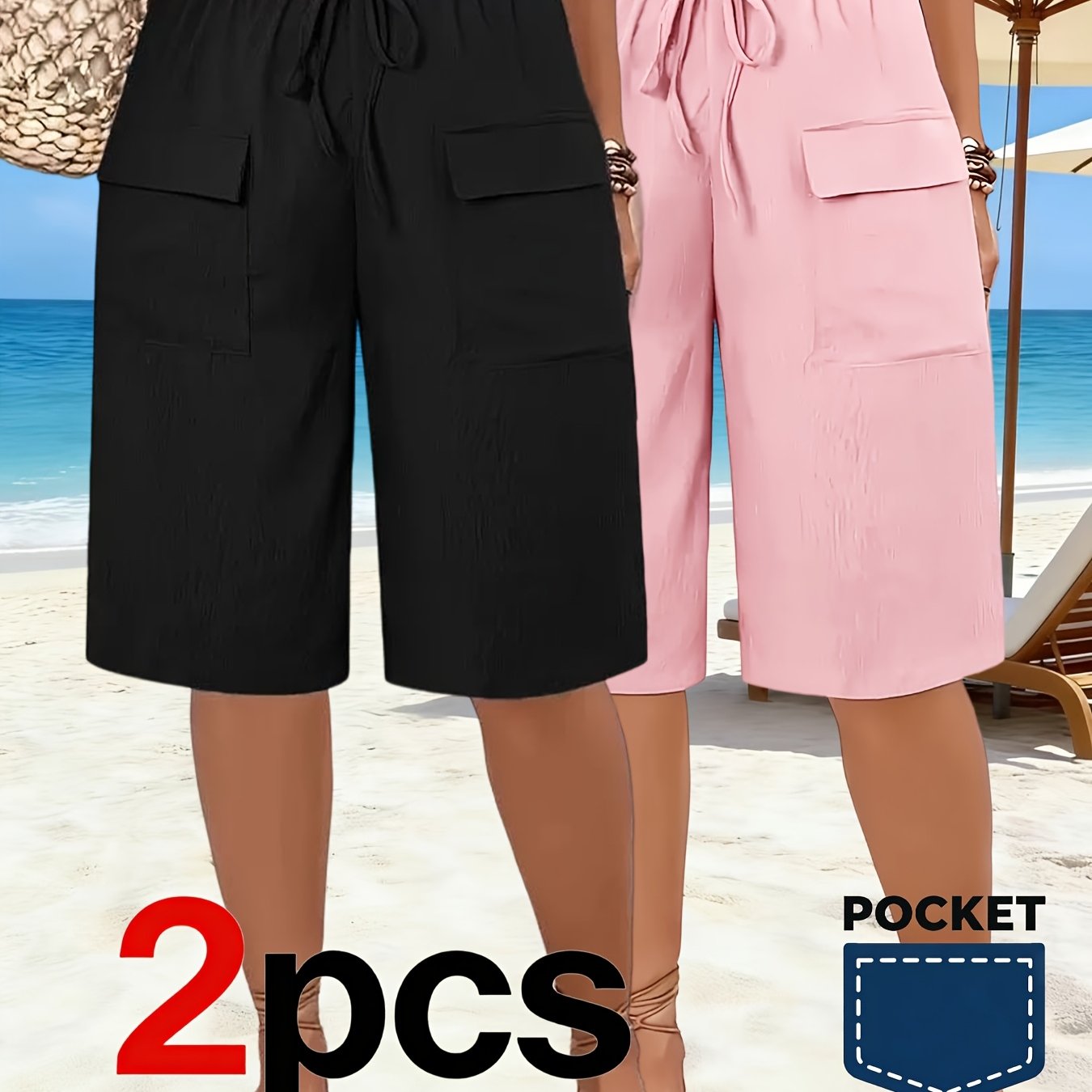 TEMU [2pcs Set ] Women's Casual Five-point Pants, Solid Pink Bow Decoration Waist Shorts Women, Comfortable Pocket Loose Mid-pants, Daily Versatile