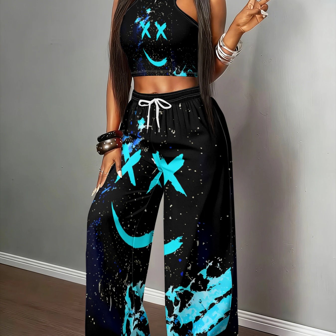 TEMU Two-piece Set Featuring A Halter Top With A Smiling Print And Drawstring Wide-leg Pants In A Black And Blue Color , Embodying A Sweet And Cool