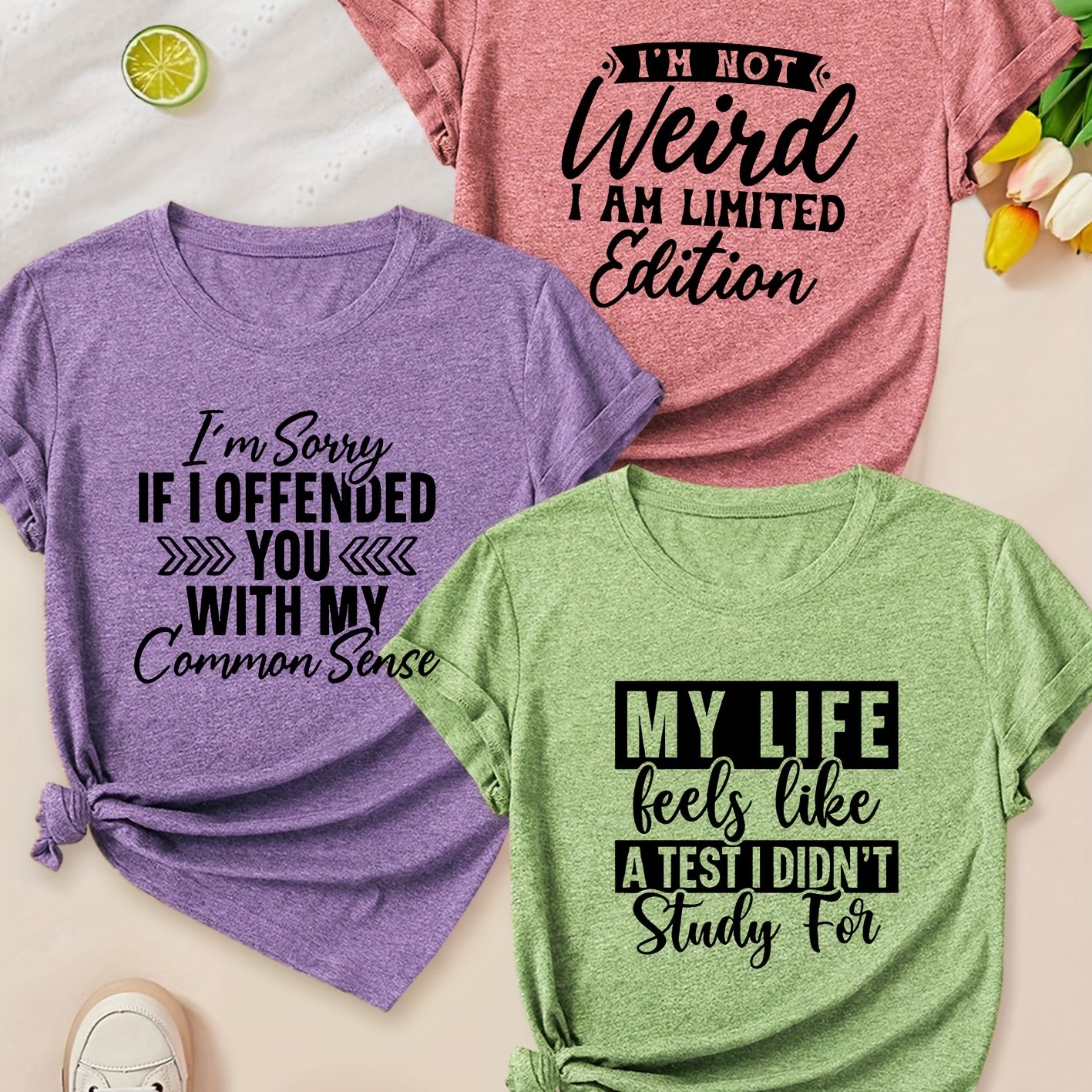 TEMU Fashion English Series Printed Pattern Round Neck 3pcs Short Sleeve T-shirts Spring/summer Women's Tops