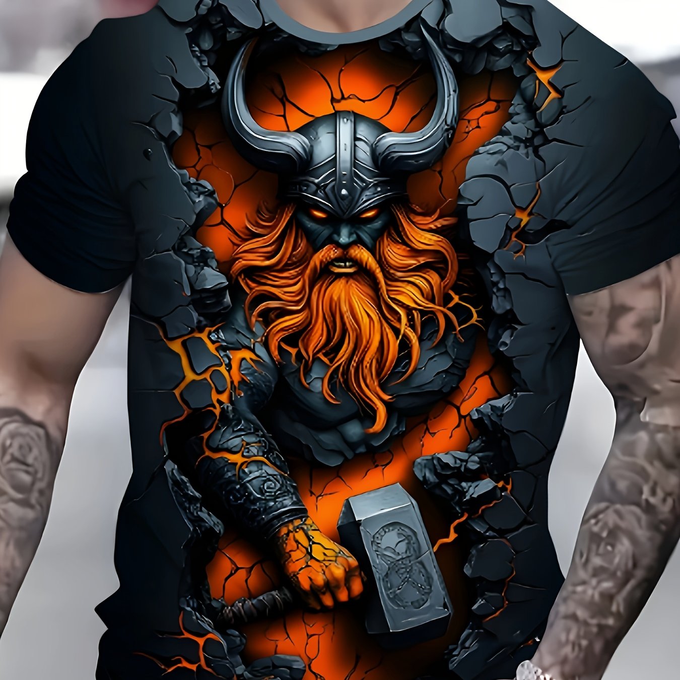 E-shop Herren 3D Digitaldruck Wikinger Grafik T-Shirt - Schwarzes Polyester Kurzarmshirt mit nordischer Mythologie Design, bequem und langlebig für den