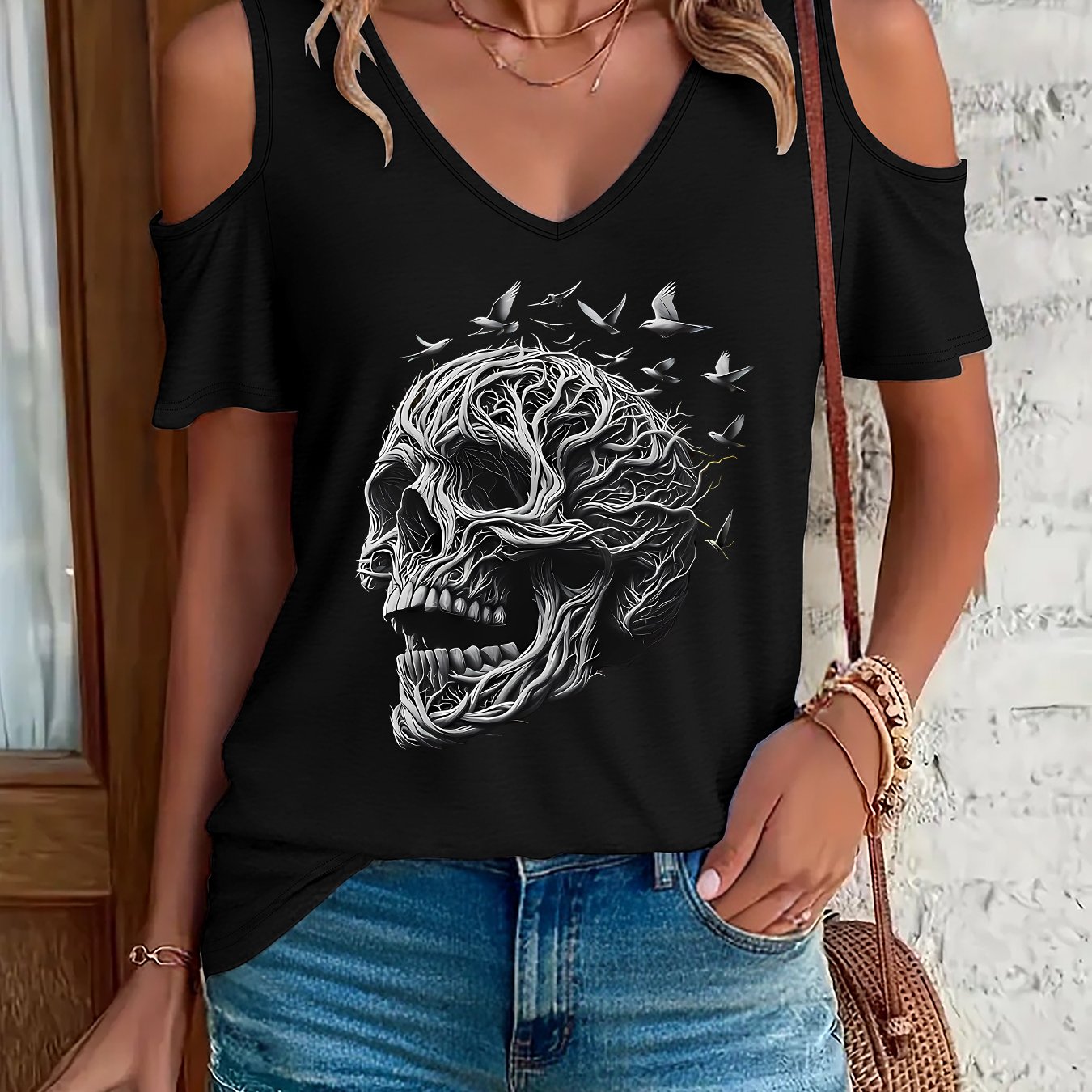 TEMU Fashionable Women's Off-shoulder V-neck T-shirt With A Unique Skull Print, Casual And Stylish Loose Short-sleeve Top