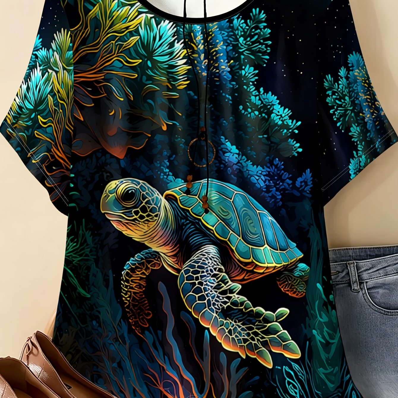 TEMU Women's Plus Size Full-body Sea Turtle & T-shirt - Loose Fit Round Neck Short Sleeve Top With Print, Casual Beachwear Suitable For - Daily Wear,