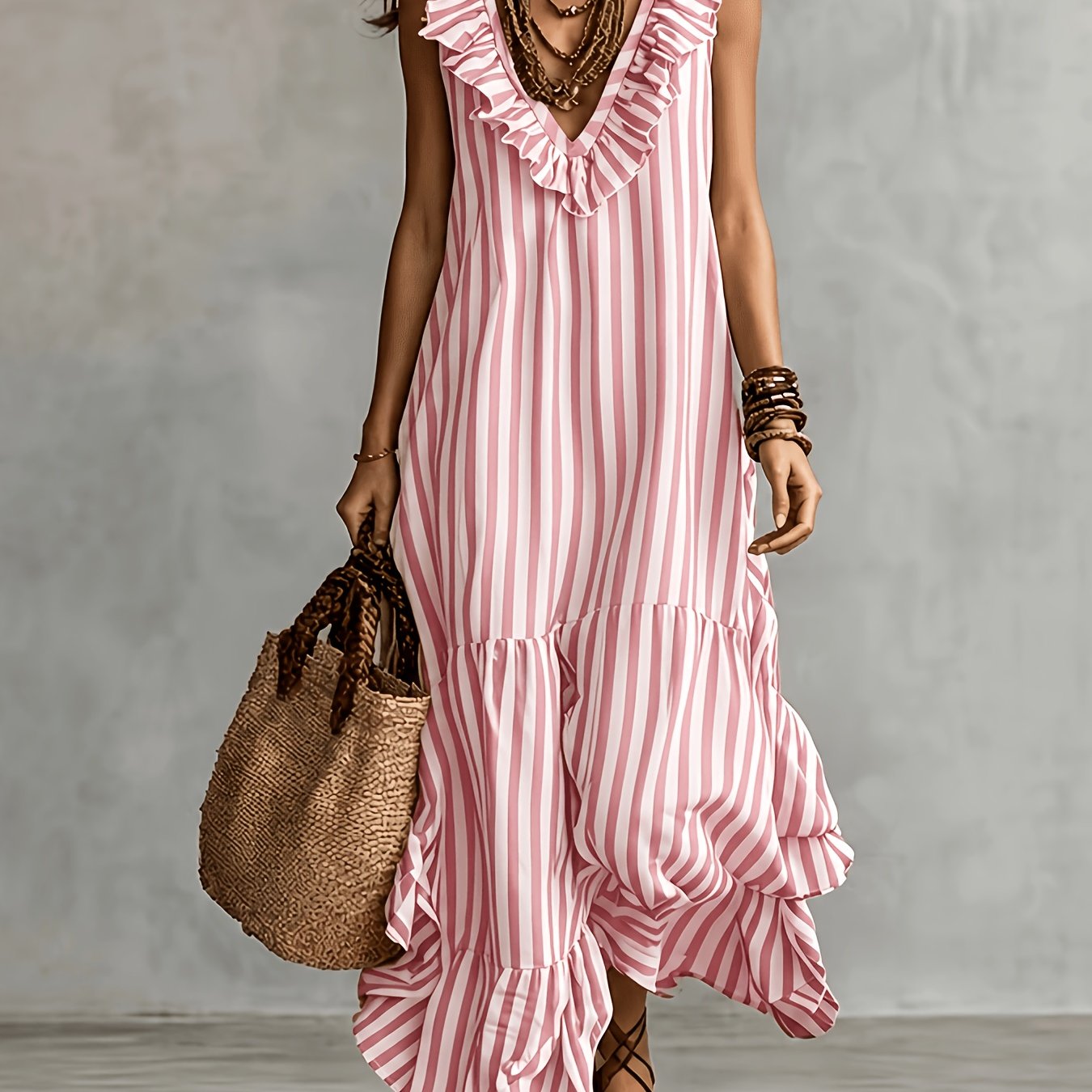 TEMU Bohemian Striped Dress Women's Summer V-neck Sleeveless Loose Flared Vacation Long Dress