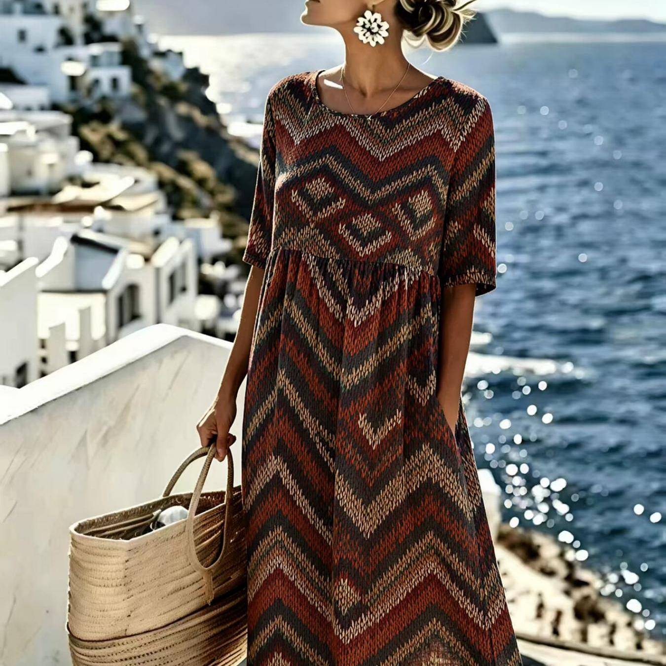 Image of Women's Summer Dress Chevron Print Bohemian Style Casual Resort Style Fashionable And Elegant Machine Washable Suitable For Daily And Commuting The For Gifts