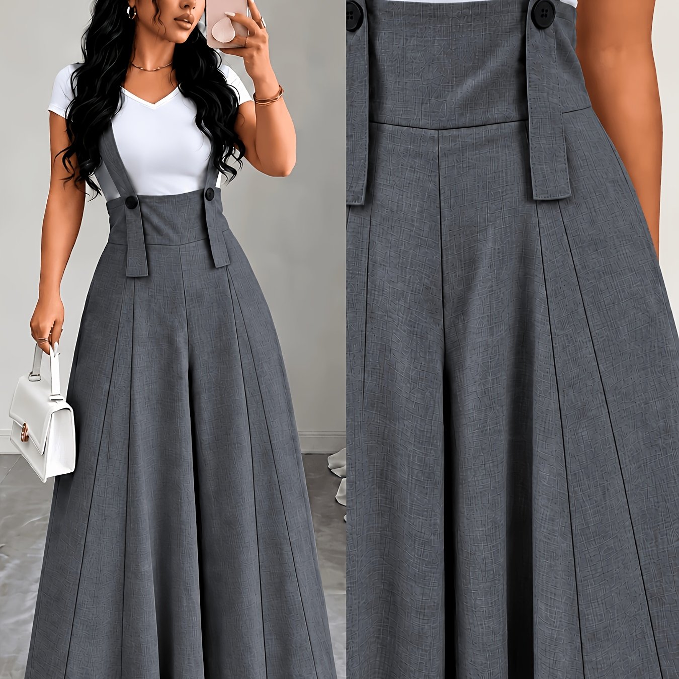 TEMU Women's High-waist Wide-leg Jumpsuit, Linen Texture Fabric, Button-decorated Straps, Loose Bell-bottom Style, Gray Casual Drapey Trousers,