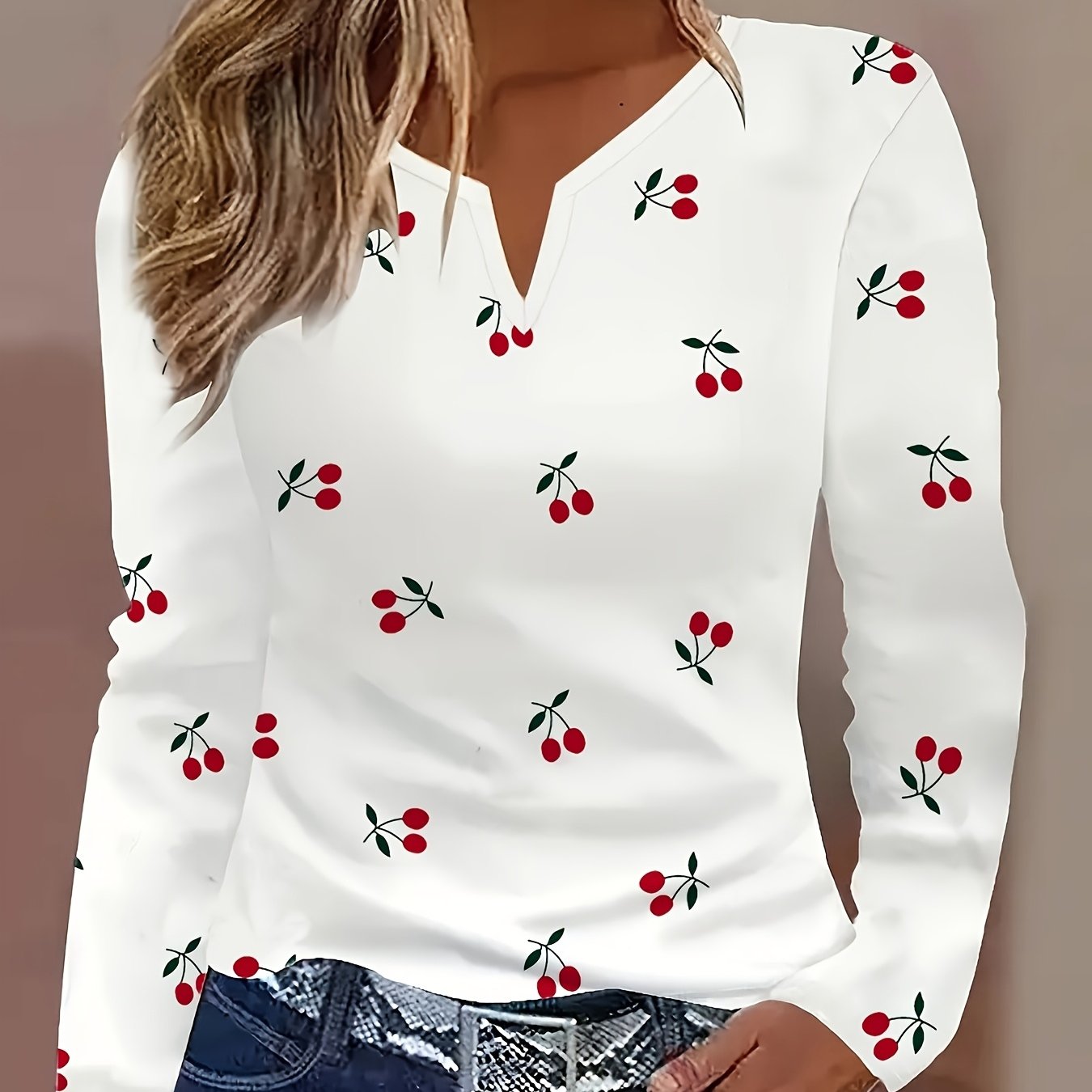 Image of Women's Elegant Cherry Print Long Sleeve T-shirt - Soft Breathable Regular For Spring & Fall, Casual To Semi-formal Wear, Cherry Tshirt, Seasonal Fashion, Sophisticated Casual, , Durable Fabric