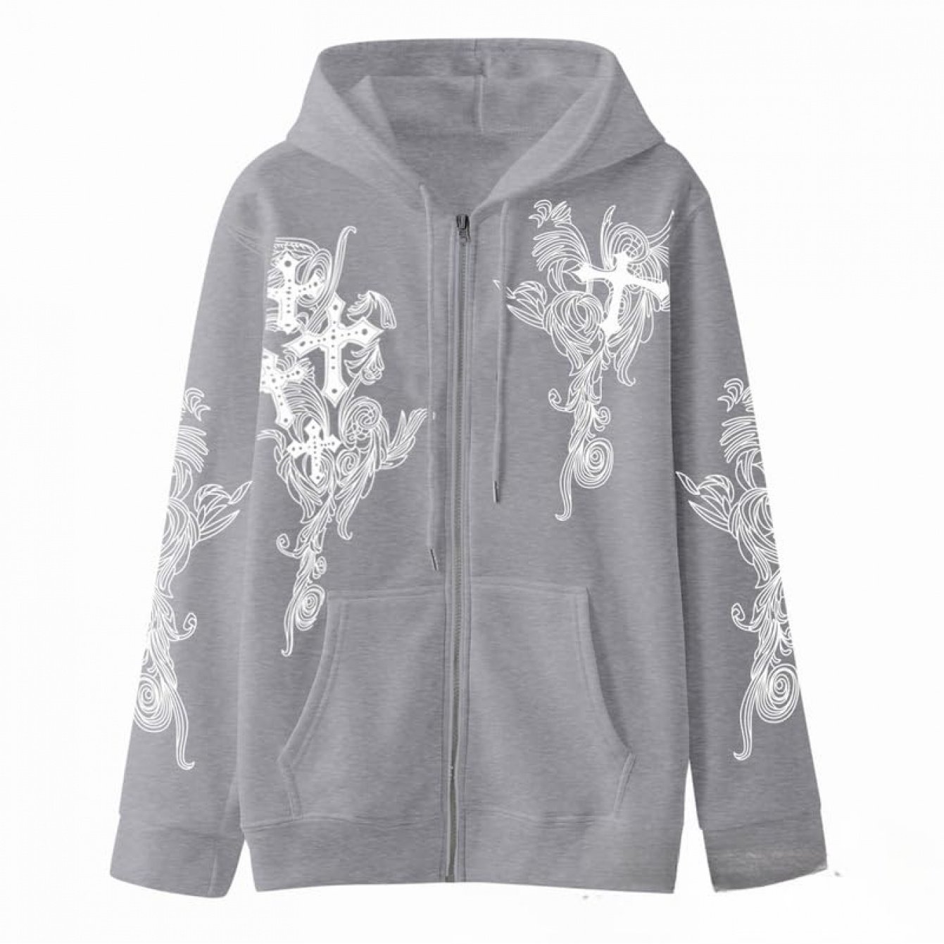 Juankrynord Donne Uomini Y2k Zip Up Oversize Felpa con Cappuccio Gotico Croce Grafica Emo Grunge Baggy Giacca in Pile 90s Punk Streetwear (Bianco,S