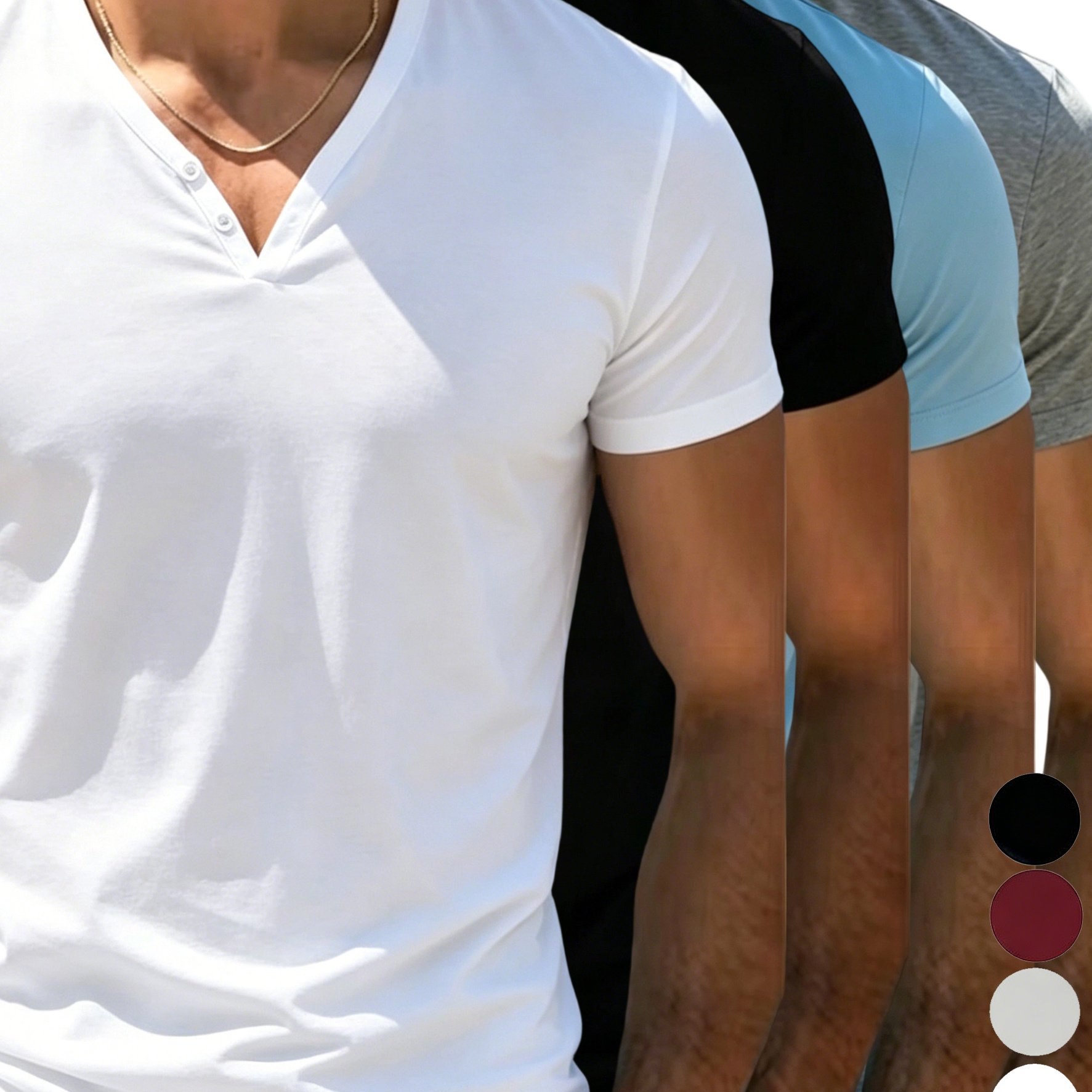 TEMU 4pcs Men's Fashionable Casual Versatile Lightweight Breathable Henley Shirt, Brushed Texture Design, Casual V-neck Short Sleeve T-shirt, Stretch