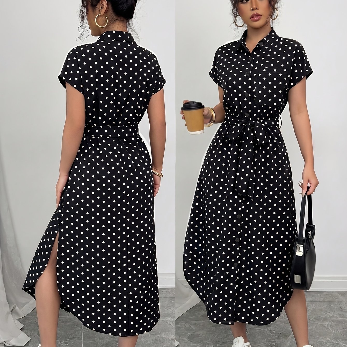 TEMU Leopard Print Front-button Shirt Dress With Belt, Pockets, Side Slits, New Summer Style, Short Sleeves, Maxi Dress, Women's Casual Wear, For