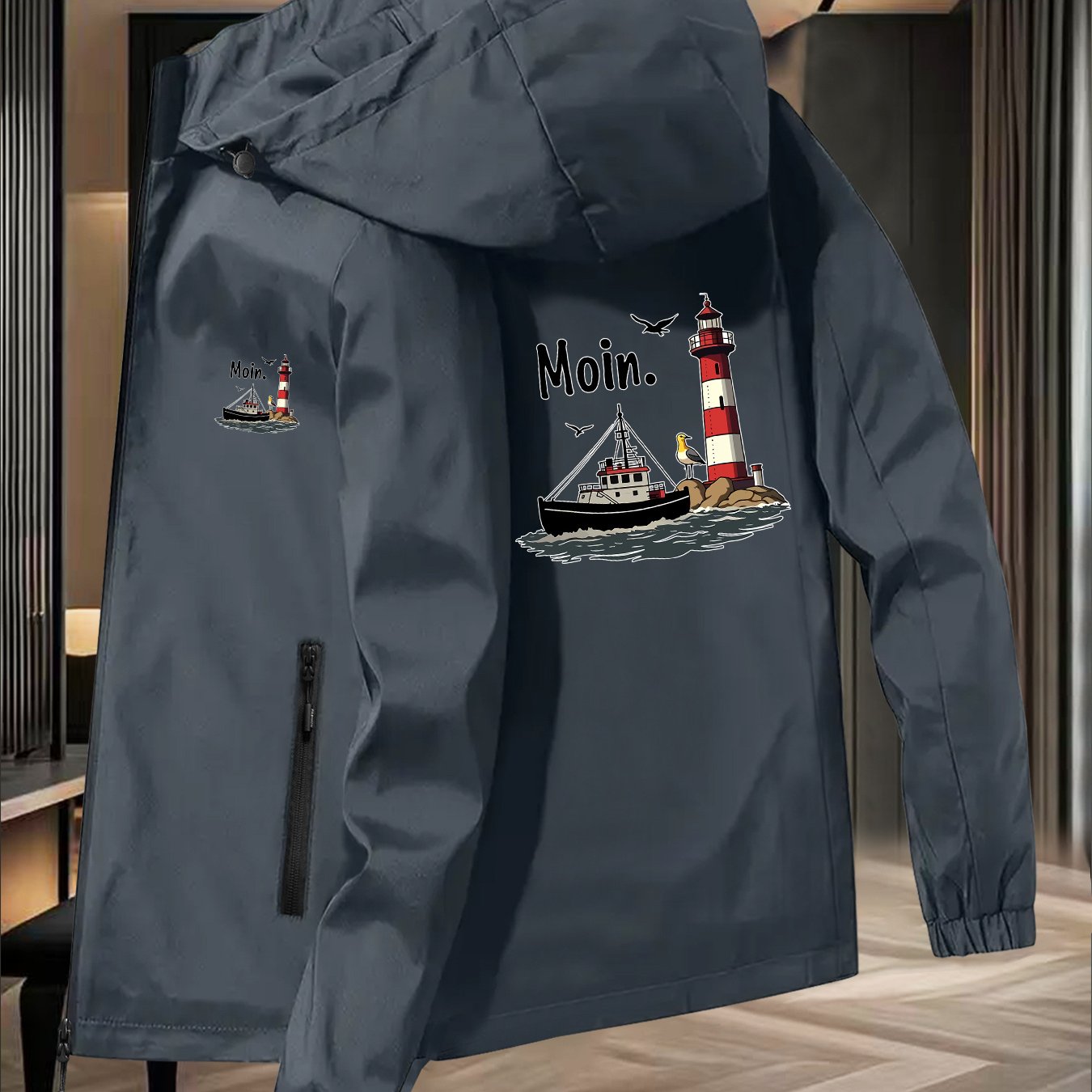 TEMU New Unisex Windbreaker Jacket, Lighthouse Fishing Boat Print, Windproof And Breathable Outdoor Mountaineering Wear For Couples, Suitable For