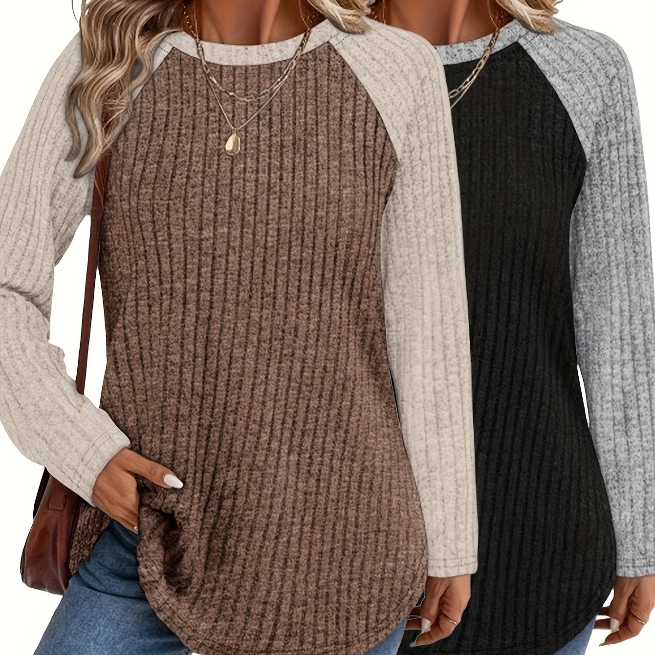 Image of 2pcs Set Women's Long-sleeve Shirt, Autumn/winter Pullover, Lightweight Casual Loose Top, Fashionable Thin-style Crewneck Color- Pullover