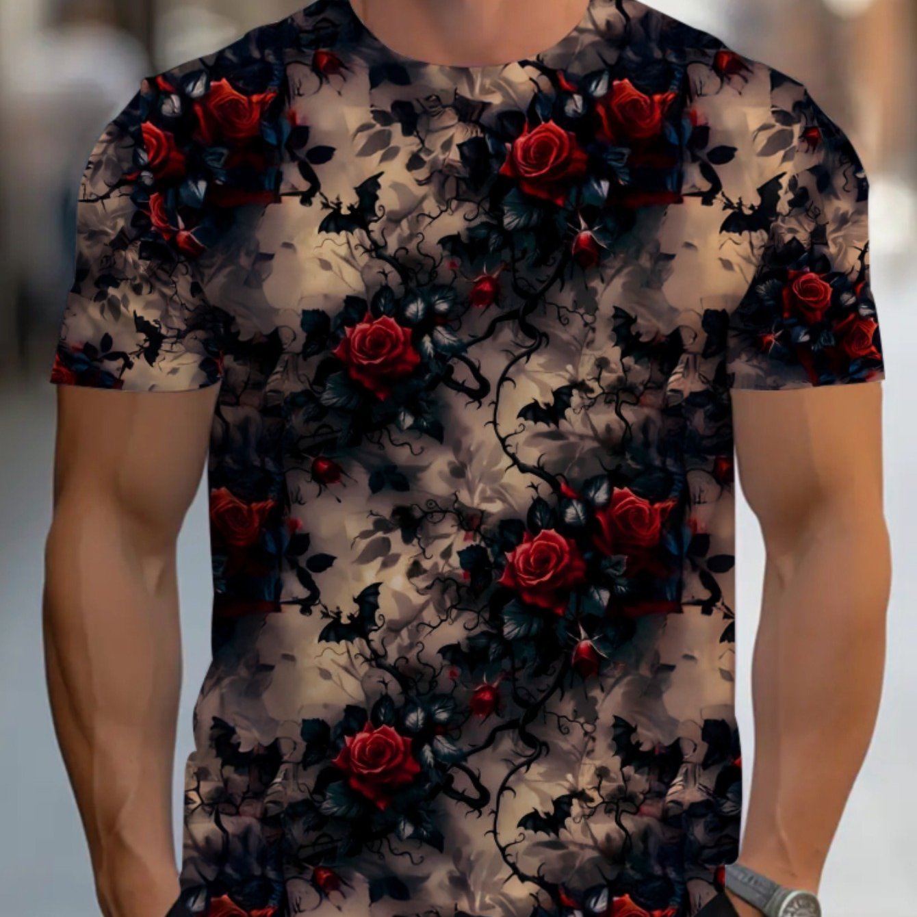 Men's Full-body Thorn Rose Print T-shirt - Breathable Pattern With Thick Branches - Suitable For Casual & Formal Wear, Machine Washable Round Neck Tee