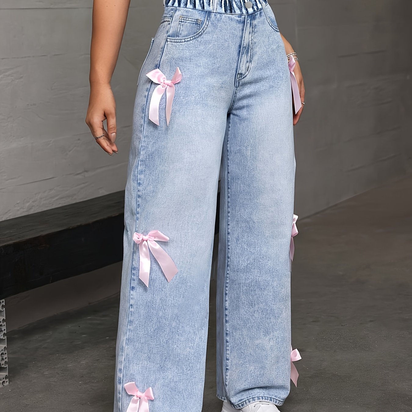 Image of Y2k ' Loose-fit Straight-leg Wide-leg Jeans For Middle To Older Kids, With Pink Bow Pattern On The Side, Mid-rise, Street Pants, Elastic Stretch Waist, Wear, Back-to-school Long Pants, Pants