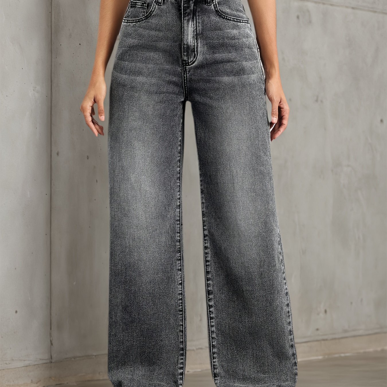 Image of Gray Whisker Casual Wide-leg Pants Denim Jeans