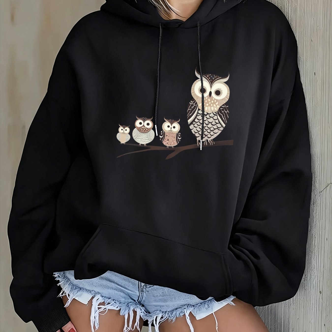 Autumn Winter Women's Loose Fit Hoodie With Y2k Owl Print Pattern, Casual Pullover Top