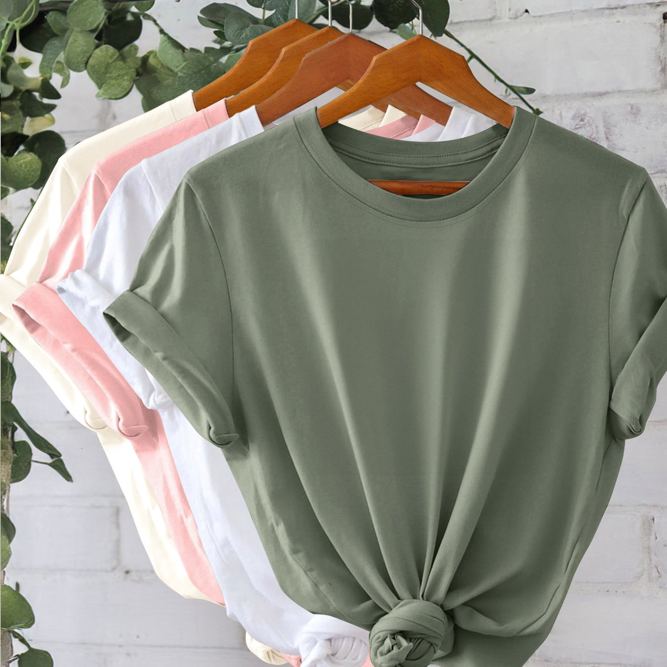 Set Of 4 Solid Color Short-sleeve Round Neck T-shirts