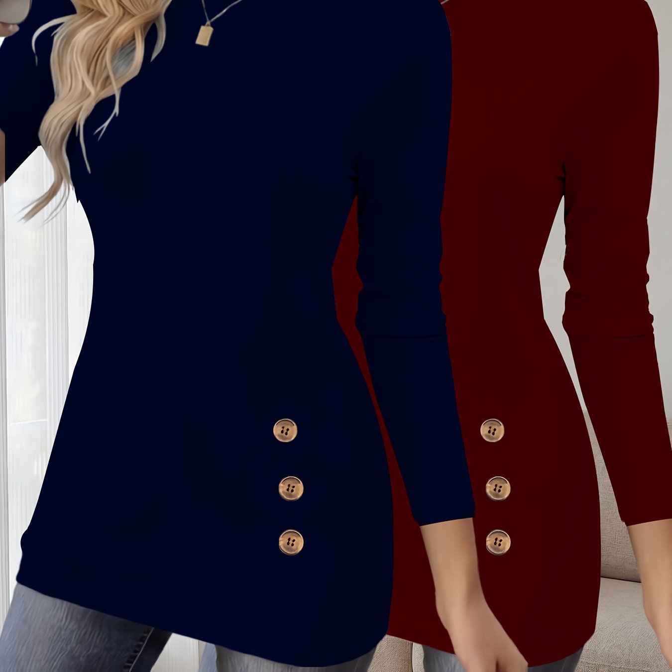 TEMU 2-pack Elegant Ladies' Solid Color Long Sleeve Shirts | , Machine Washable, Suitable For And Occasions