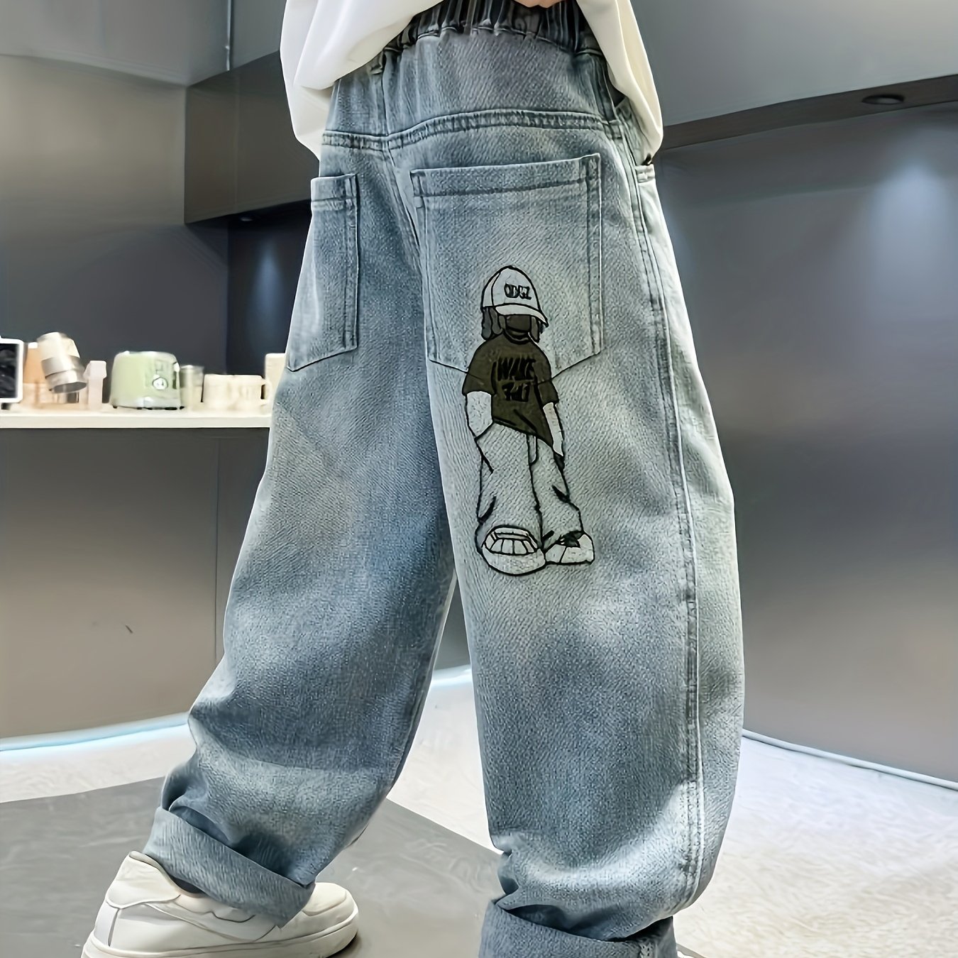 Image of Boys' Jeans Featuring An Street Style, Designed With Embroidered Patterns. Have A Loose And , With An Elastic Waistband. Ideal For Casual Wear For Teenagers, Spring, Daily, Embroidery
