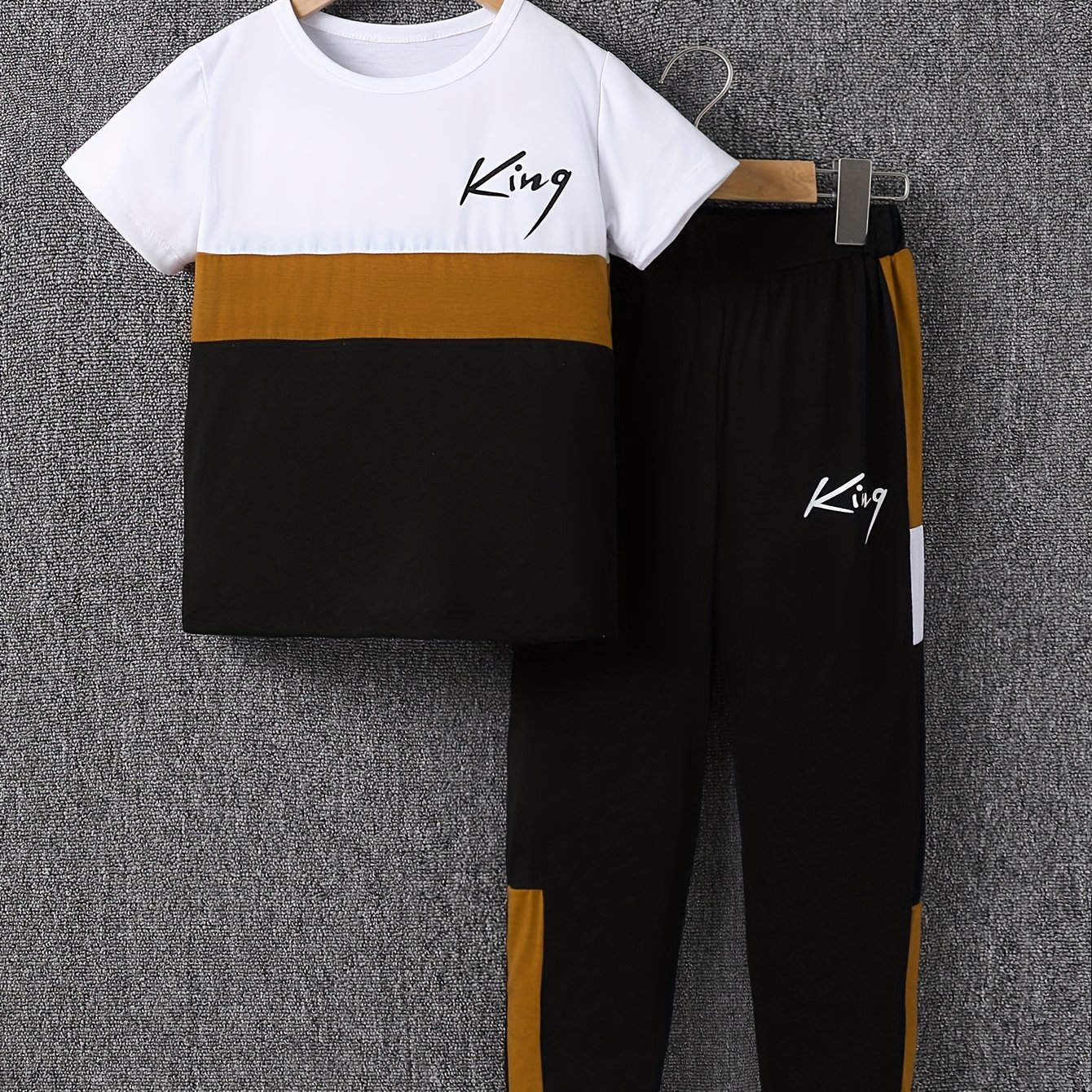 Image of Western Clothing Kids Medium To Large Size Letter Short Sleeve Contrast Long Pants Set Boys' Summer Casual Athletic Outfit, For Outdoor