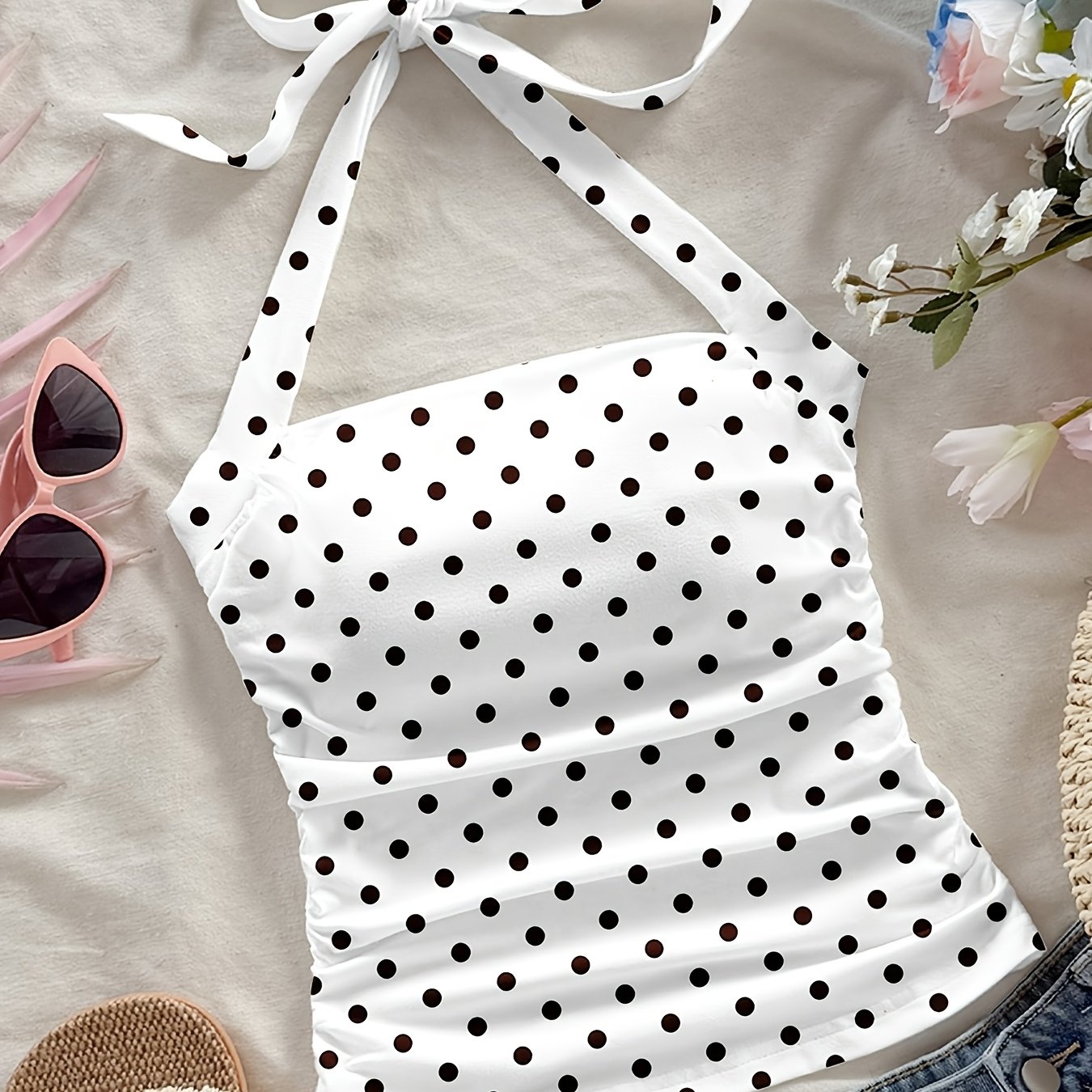 TEMU Damen-Tanktop im modischen, lässigen Stil mit Blumen-, schwarzem Polka-Dot-Muster, Neckholder, bauchfreiem, figurbnemmendem Schnitt für den