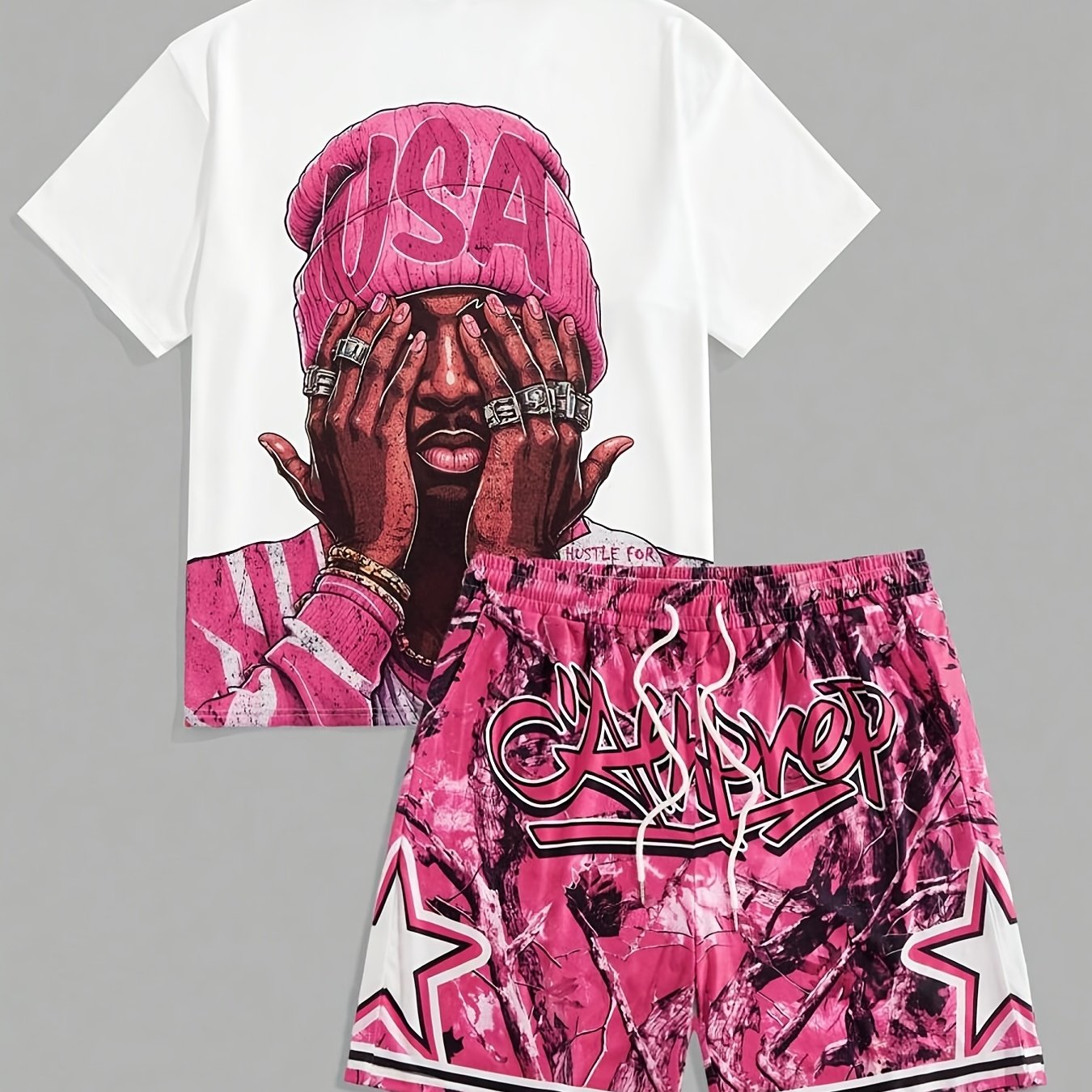 TEMU Men' Casual Print T-shirt And Shorts Set