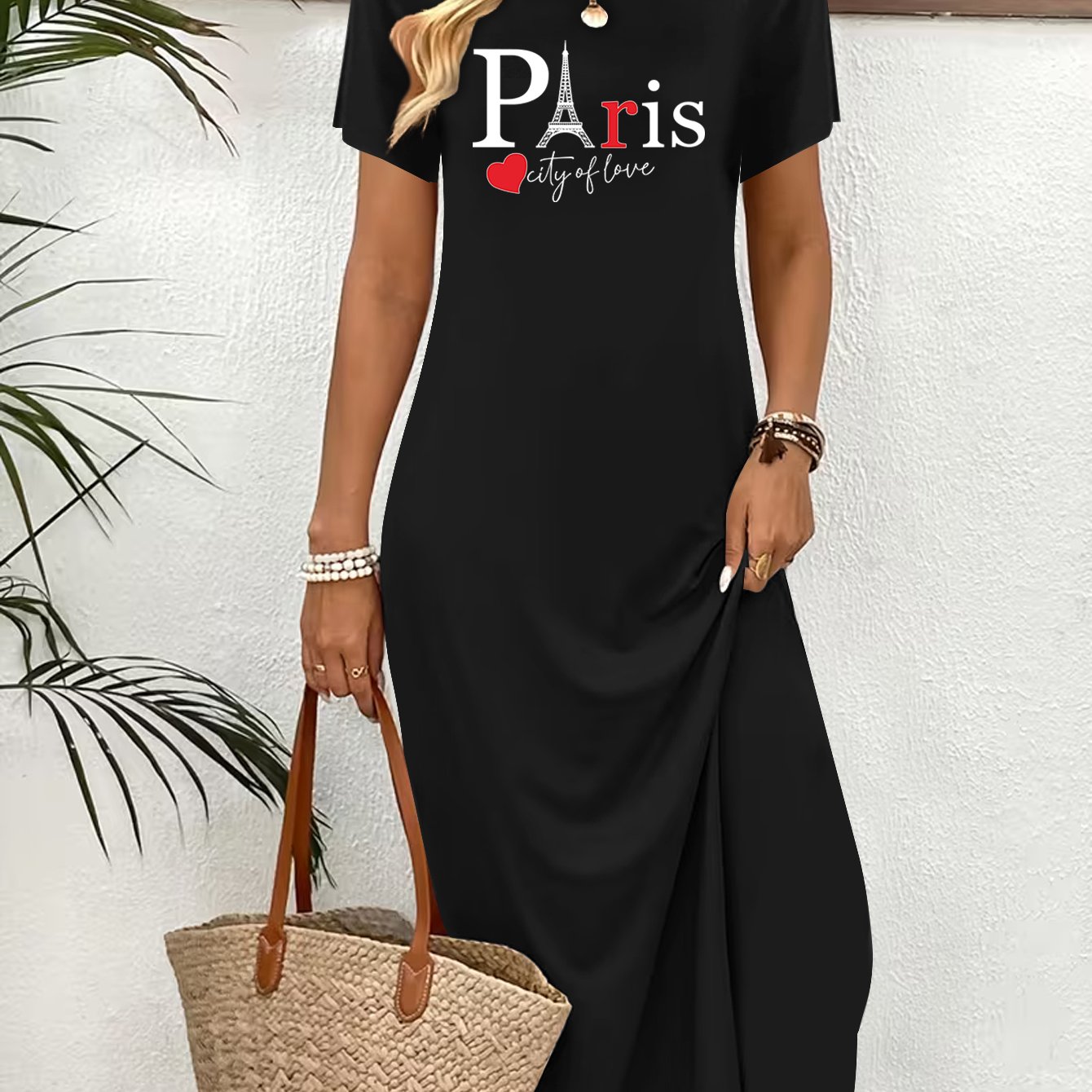 TEMU Summer Women's Fashionable Dress, Paris Letter Printed Casual Elegant Dress, Temperament Round Neck Short Sleeved Dress, Beach Travel , Suitable
