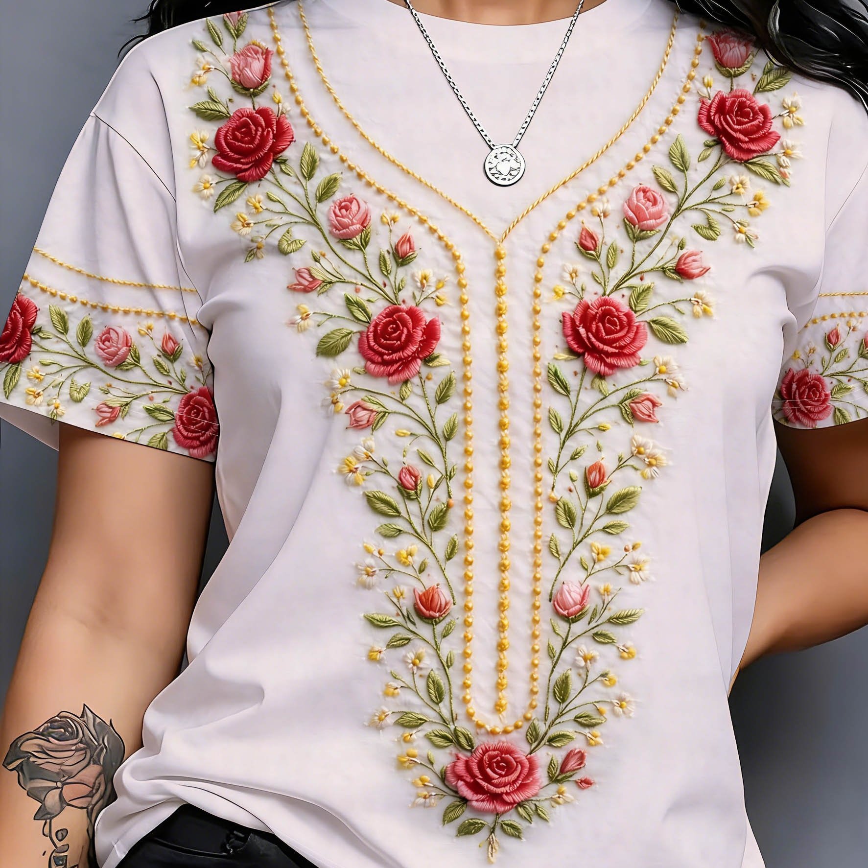 TEMU [print Design - No Texture] Heavy Rose T-shirt Women's Summer Style Loose Round Neck Short Sleeve Top Loose Round Neck Short Sleeve Top