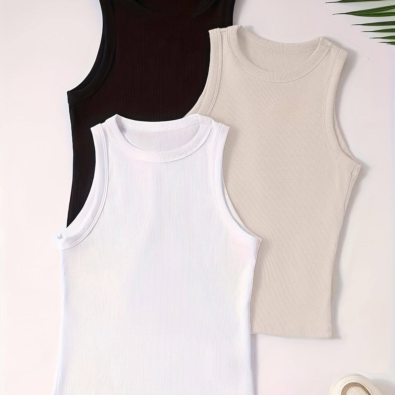 TEMU 3-pack New Women's Fashion Summer Round Neck Sleeveless Base Layer Vest, Ribbed Sports Top