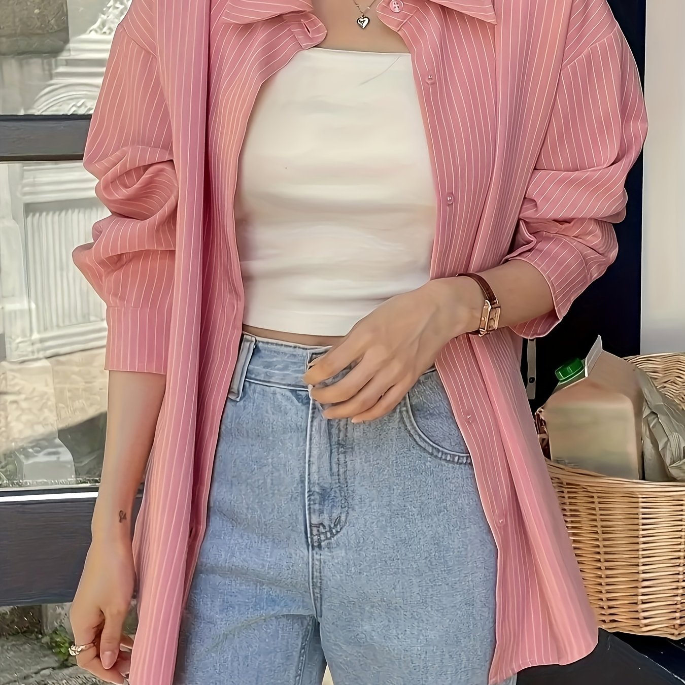 E-shop Damen Hellrosa Gestreiftes Langarmhemd mit Knopfleiste - Lässiger Kragen, Maschinenwaschbar, Weicher Stoff, Geeignet für Frühling/Sommer/Herbst