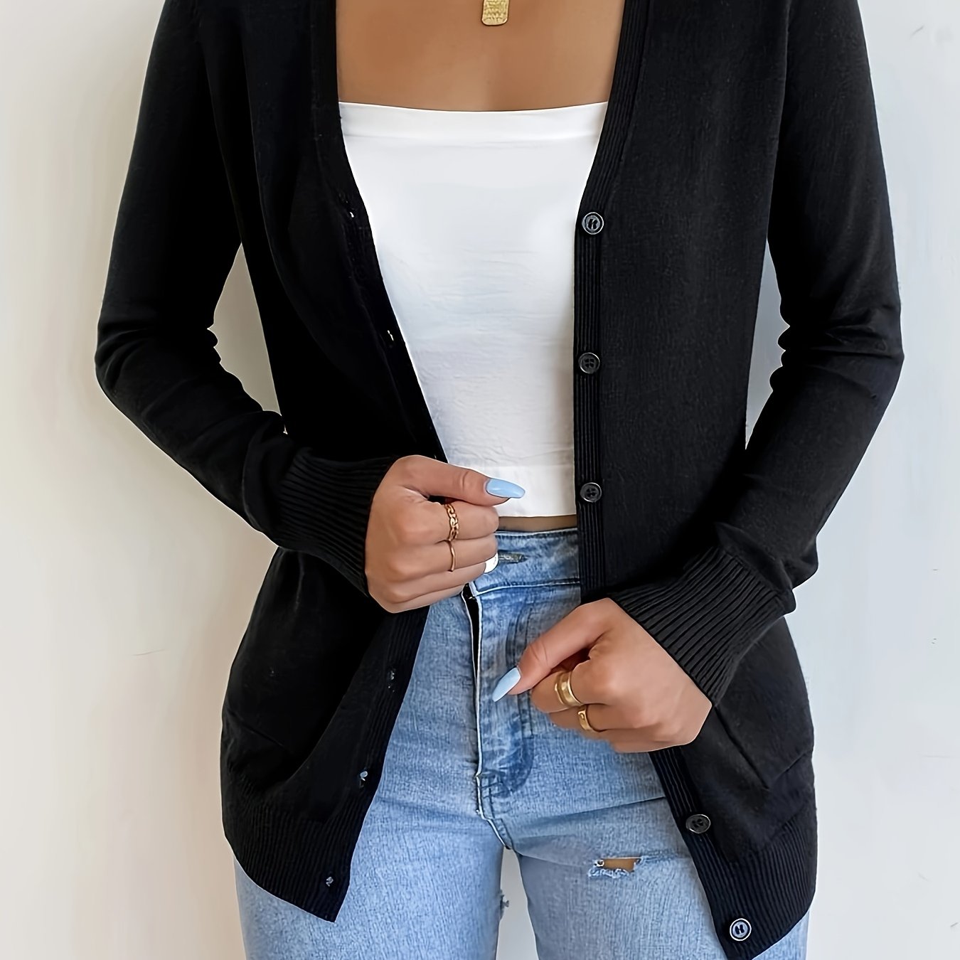 New Fashionable Elegant Solid Color Commuter Button-up Women's Long Sleeve Cardigan