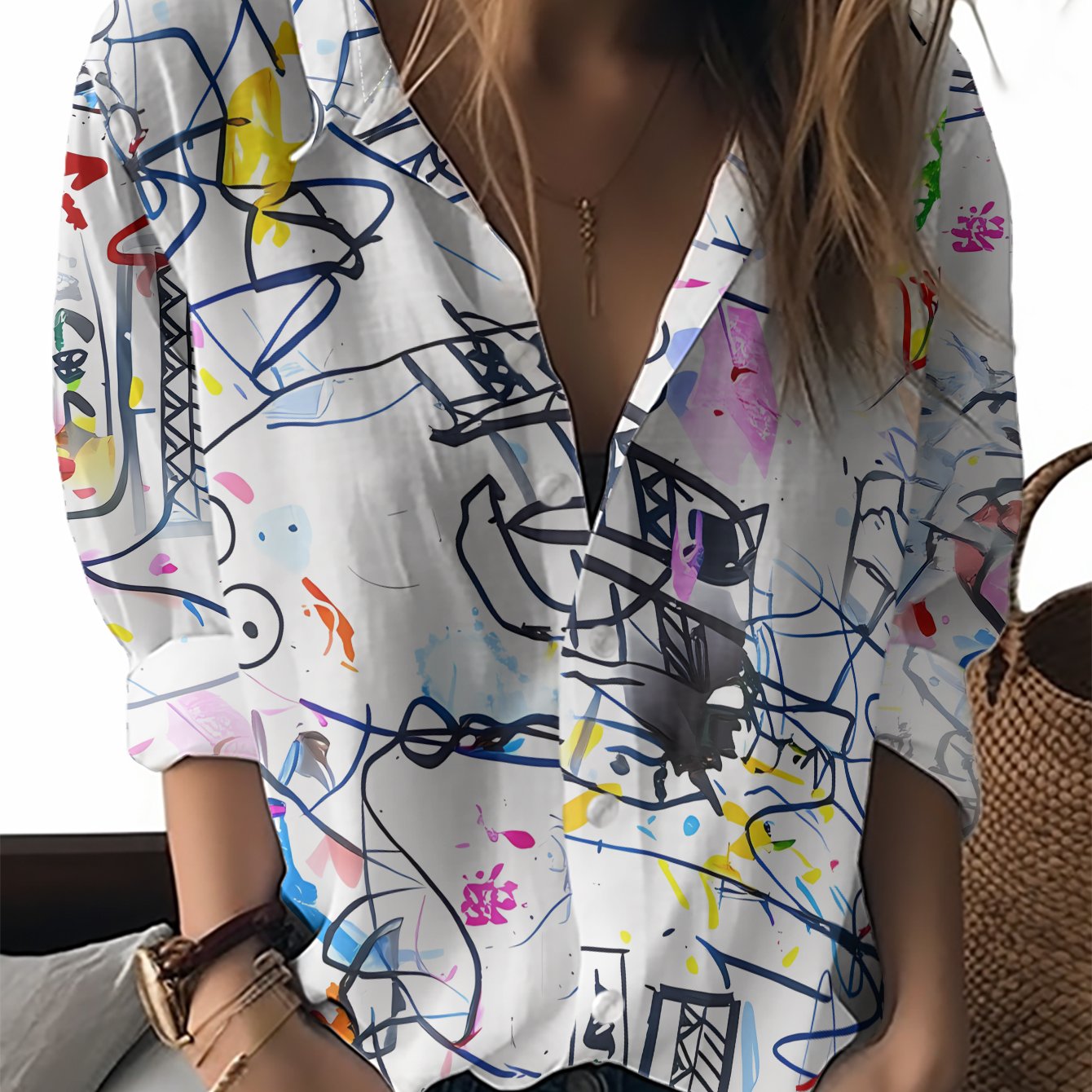 TEMU Women's Long Sleeve Button-up Shirt With Collar - Abstract Doodle Line & Multicolor Flower Print Blouse, Machine Washable Polyester Top For