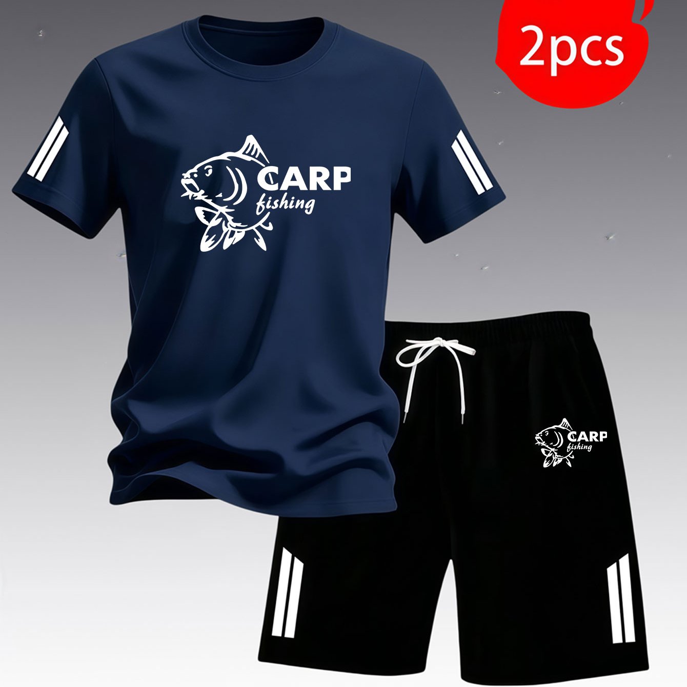 TEMU Short-sleeve T-shirt And Shorts 2pcs Set With Carp Fishing Print, For Outdoor Leisure. Pairs With Shorts, A Refreshing And Versatile Fit. In