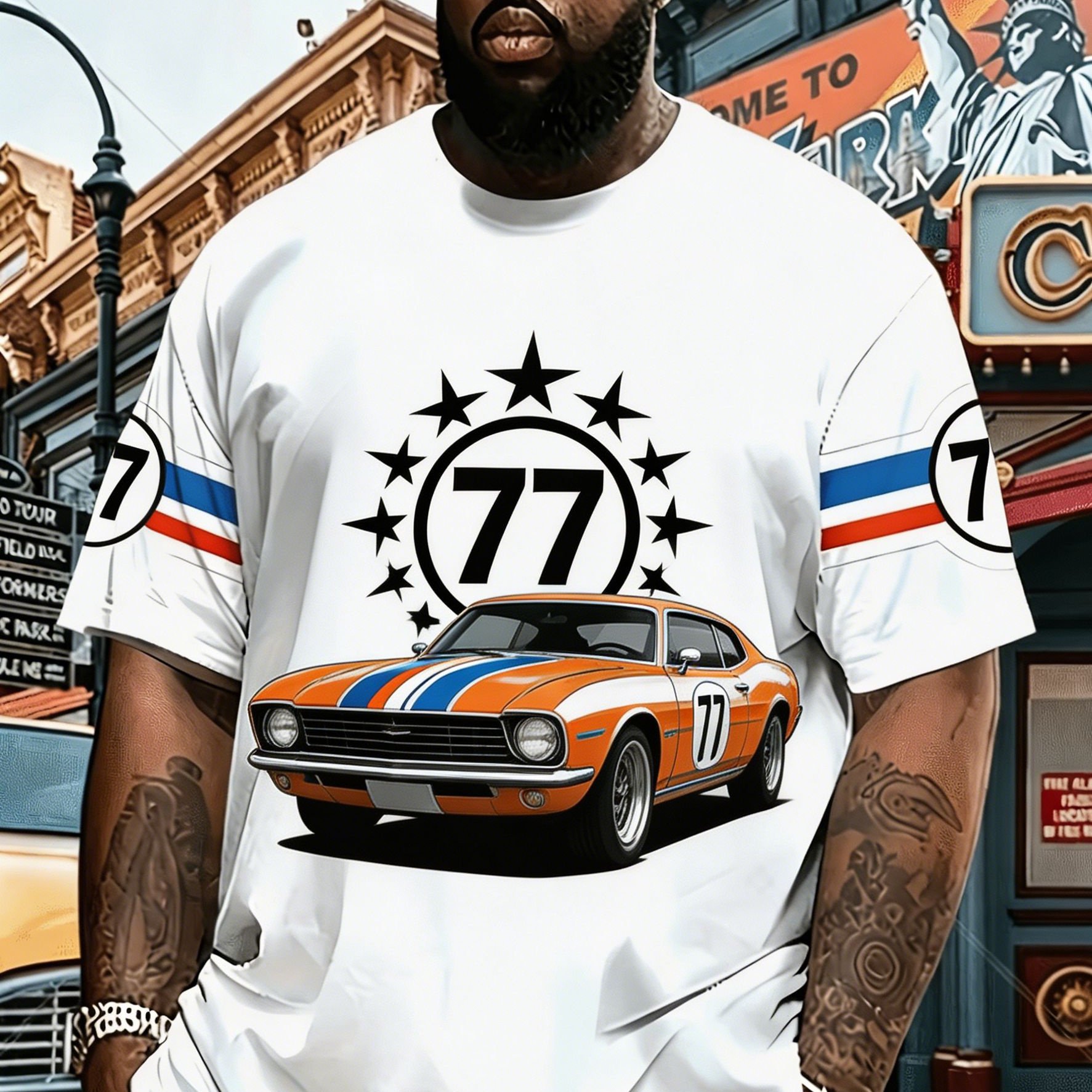 TEMU [printed Design - Not Textured / 2d Printing] Sports Car Print Short-sleeve T-shirt, Streetwear Size Loose Fit T-shirt For Men, Versatile Street